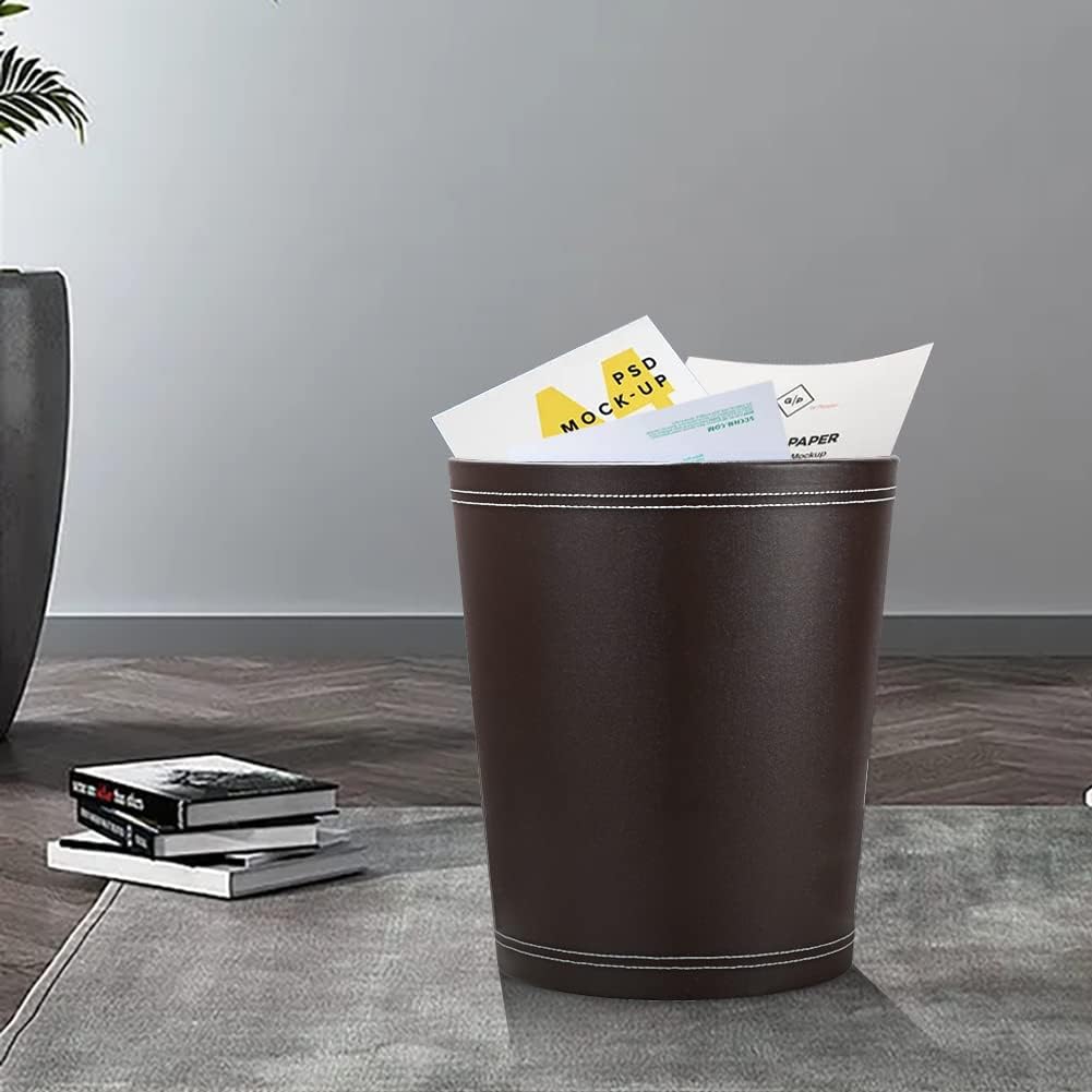 KINGFOM Round Brown PU Leather Trash Can Wastebasket