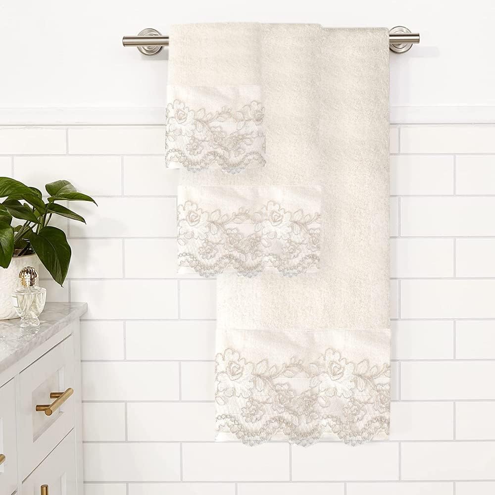 Popular Bath 3PC Towel Set Rose Vine Beige-Taupe