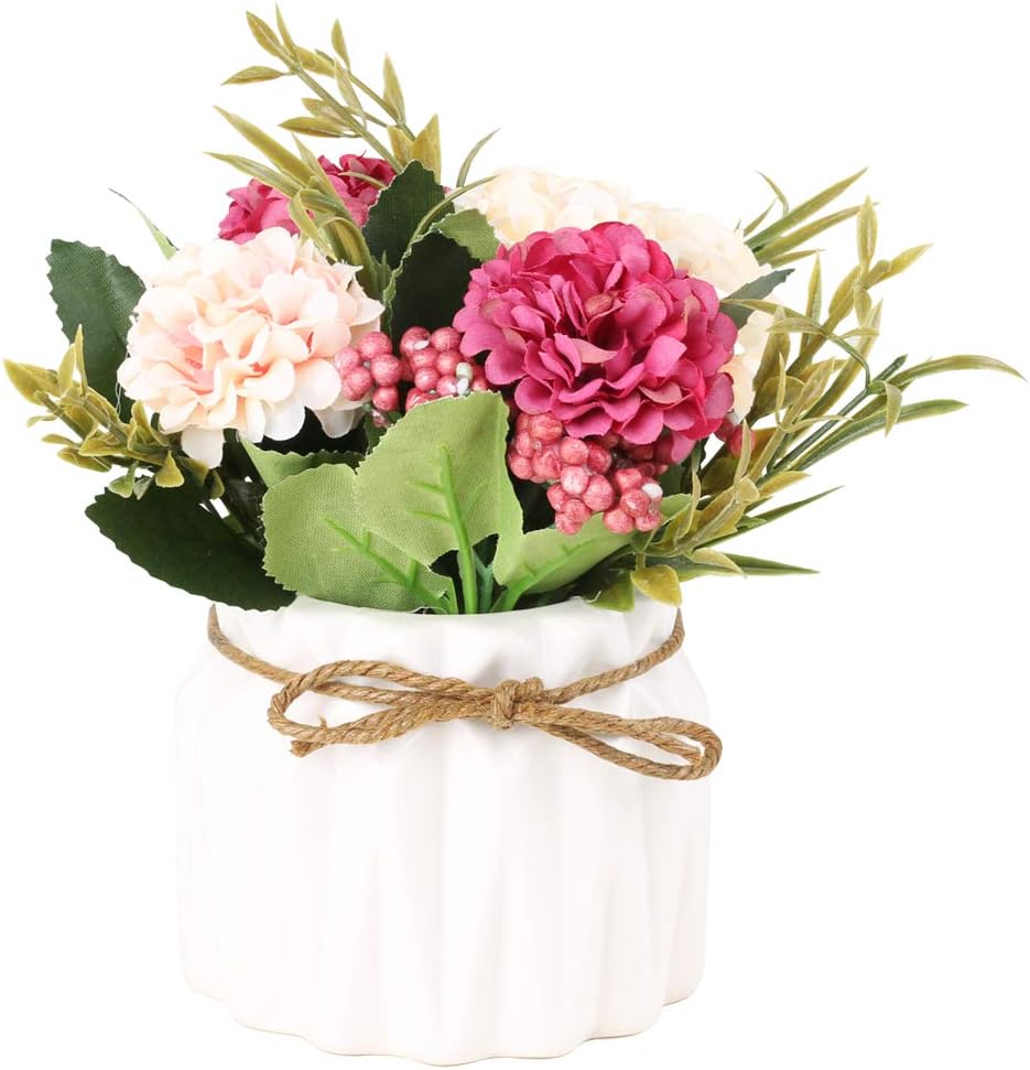 SUPNIU Artificial Hydrangea Bouquet with Ceramic Vase - Pink 1