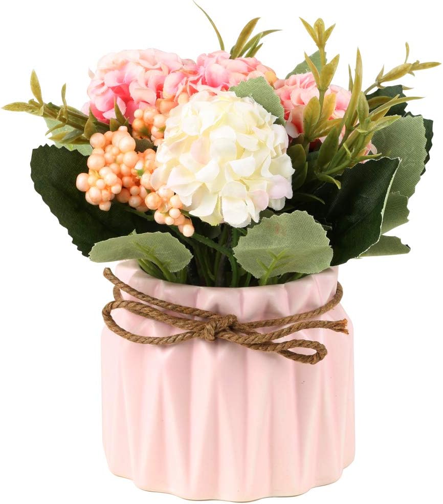 SUPNIU Artificial Hydrangea Bouquet with Ceramic Vase - Pink 1