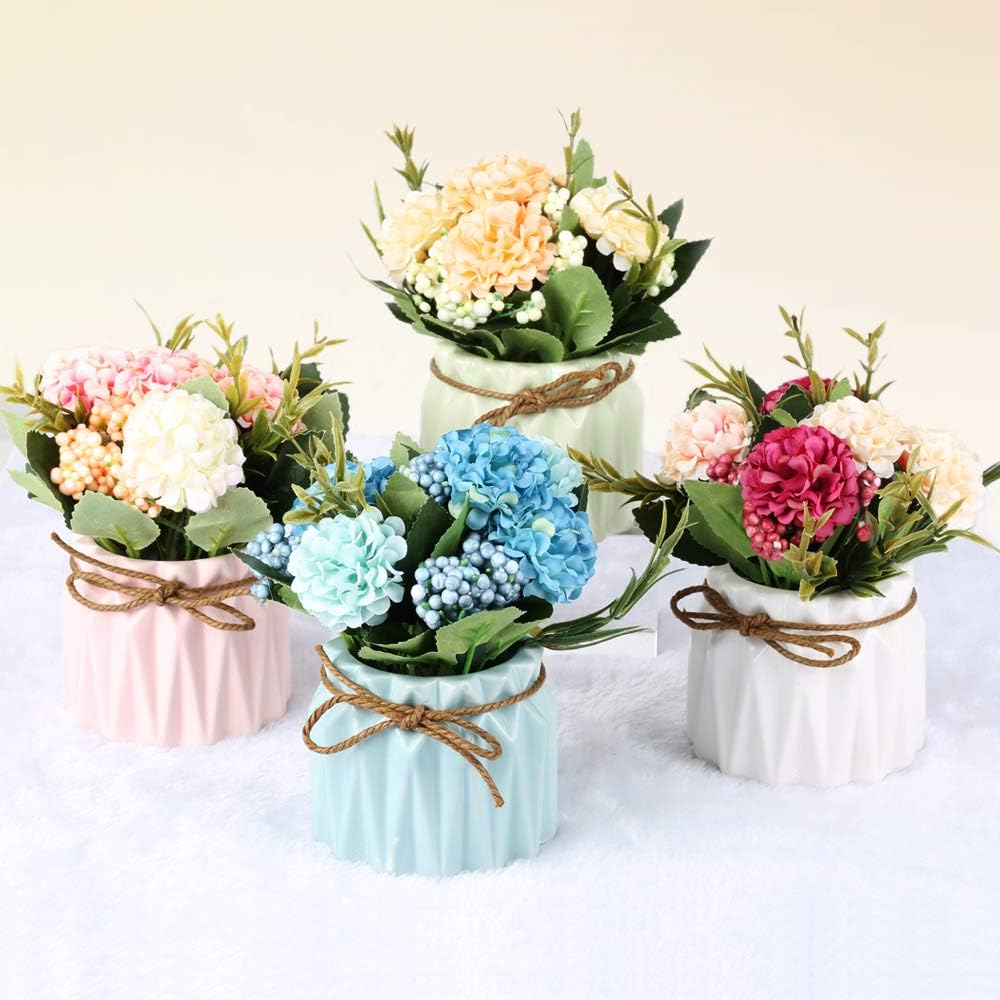 SUPNIU Artificial Hydrangea Bouquet with Ceramic Vase - Pink 1