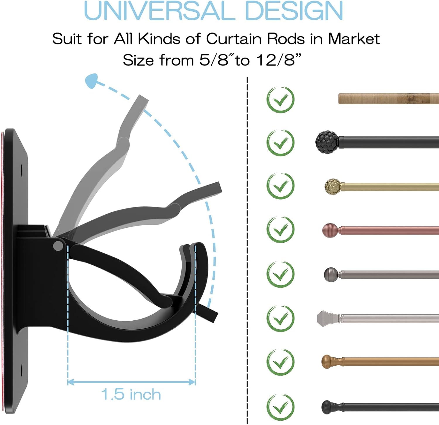 8 Pieces Self Adhesive Curtain Rod Brackets Black