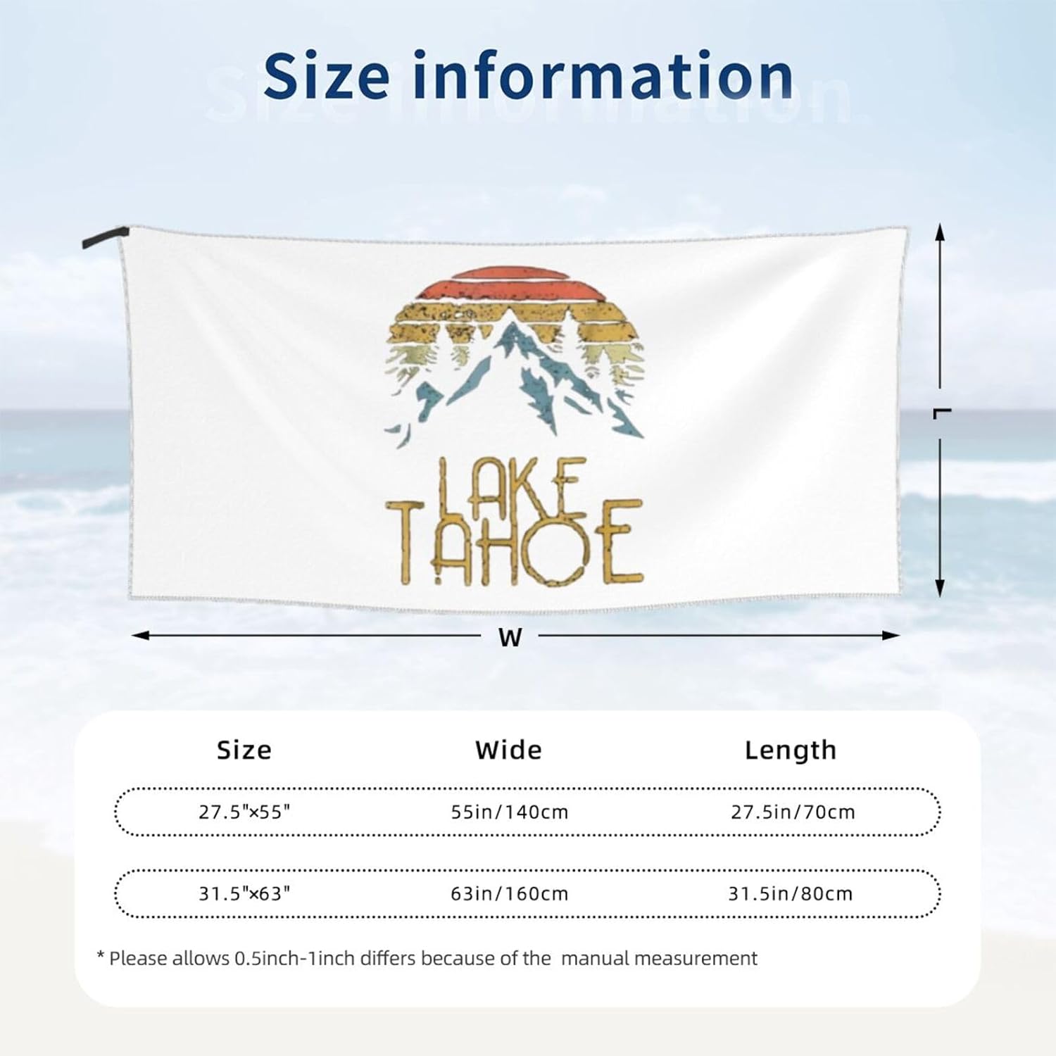 Lake Tahoe Beach Towel Quick Dry Light Large 275x55 with Travel Bag