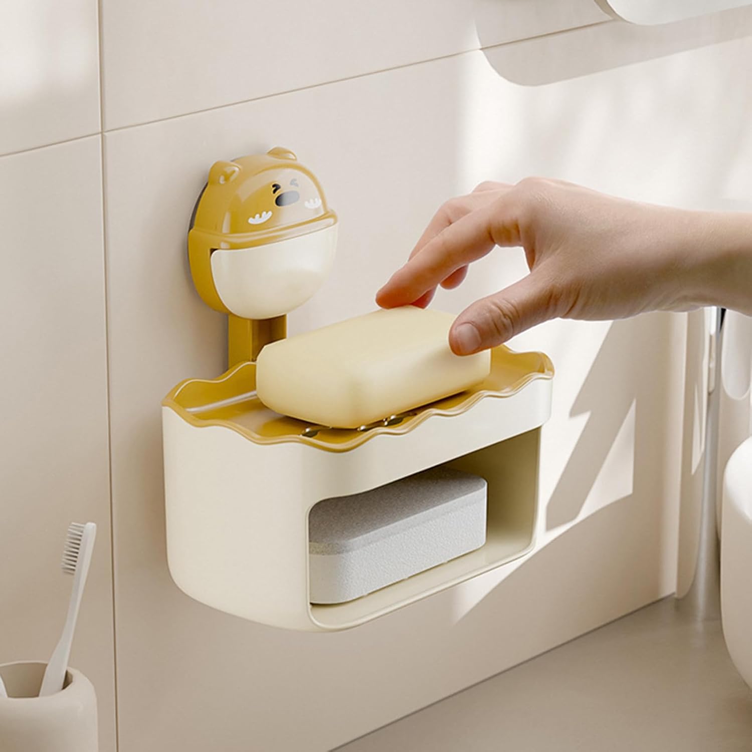 Yellow Cartoon Soap Dish with Suction Cup and Double Layers