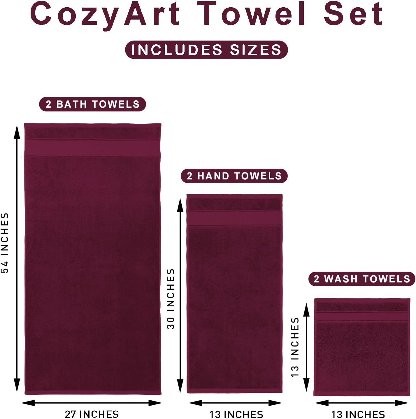 COZYART 6-Piece Bath Towel Set Plum Burgundy