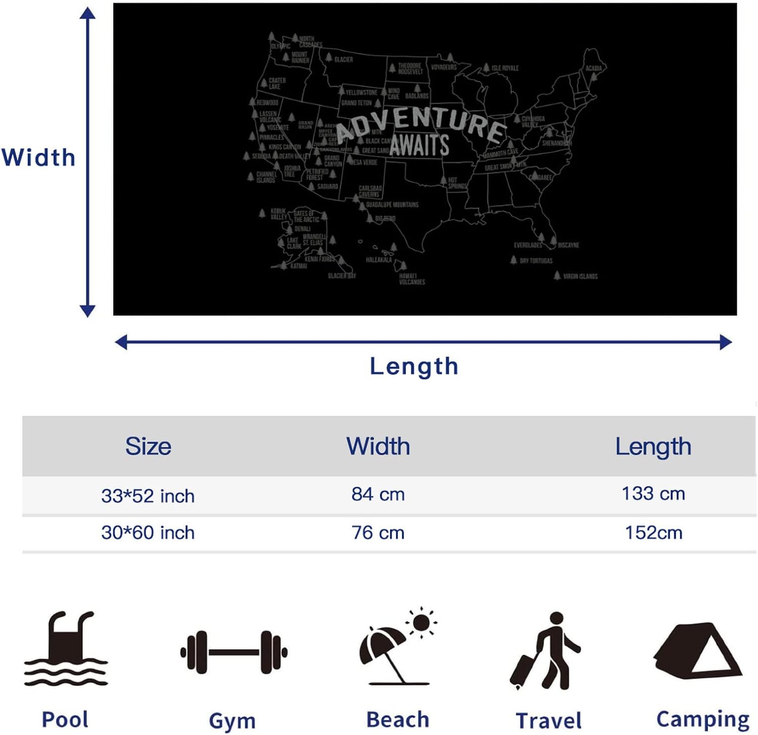 National Park Map Beach Towel - 59 Parks Microfiber Sand Free Travel Towel
