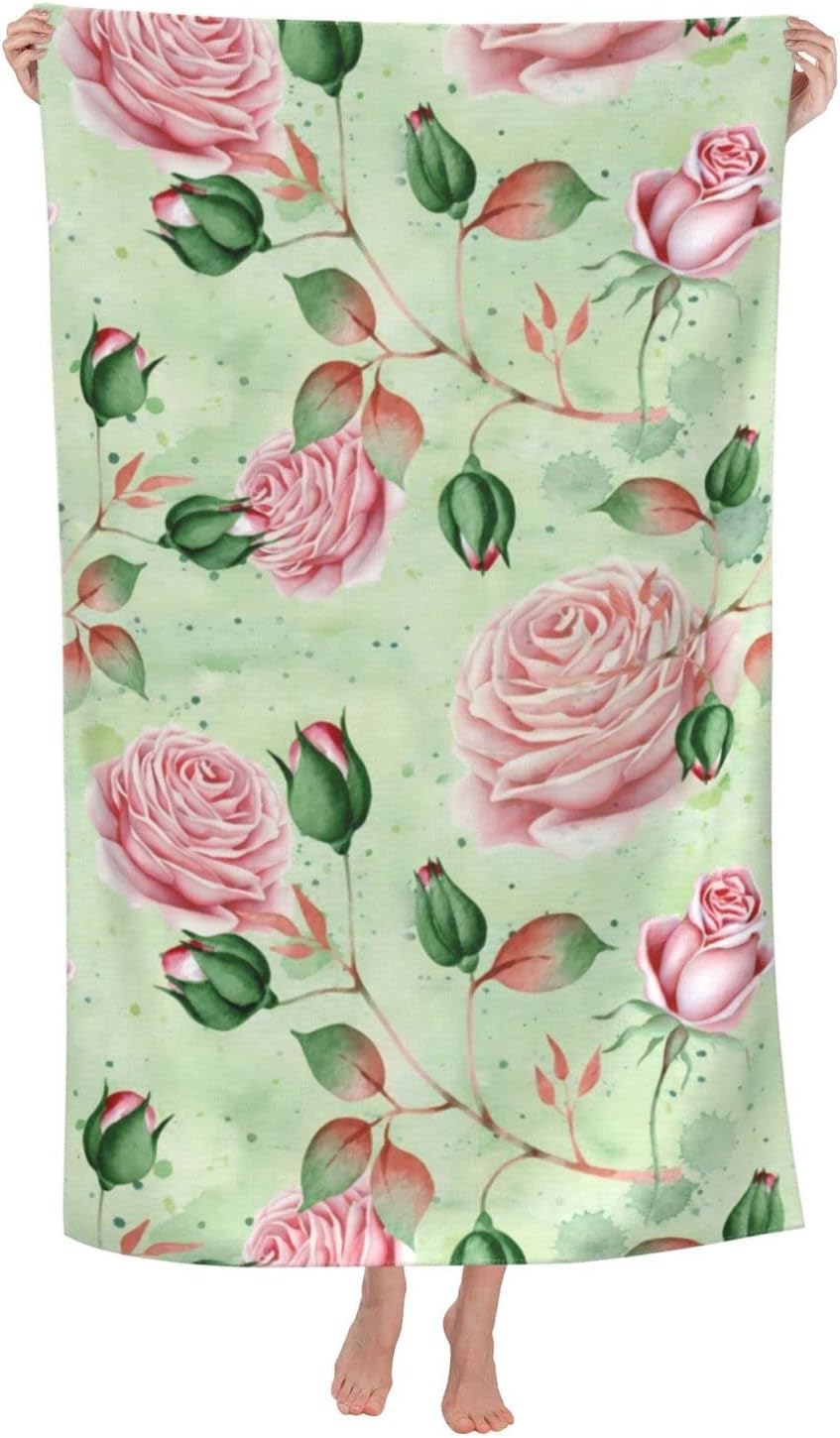 Pretty Pink and Green Floral Beach Towels for Kids Adults