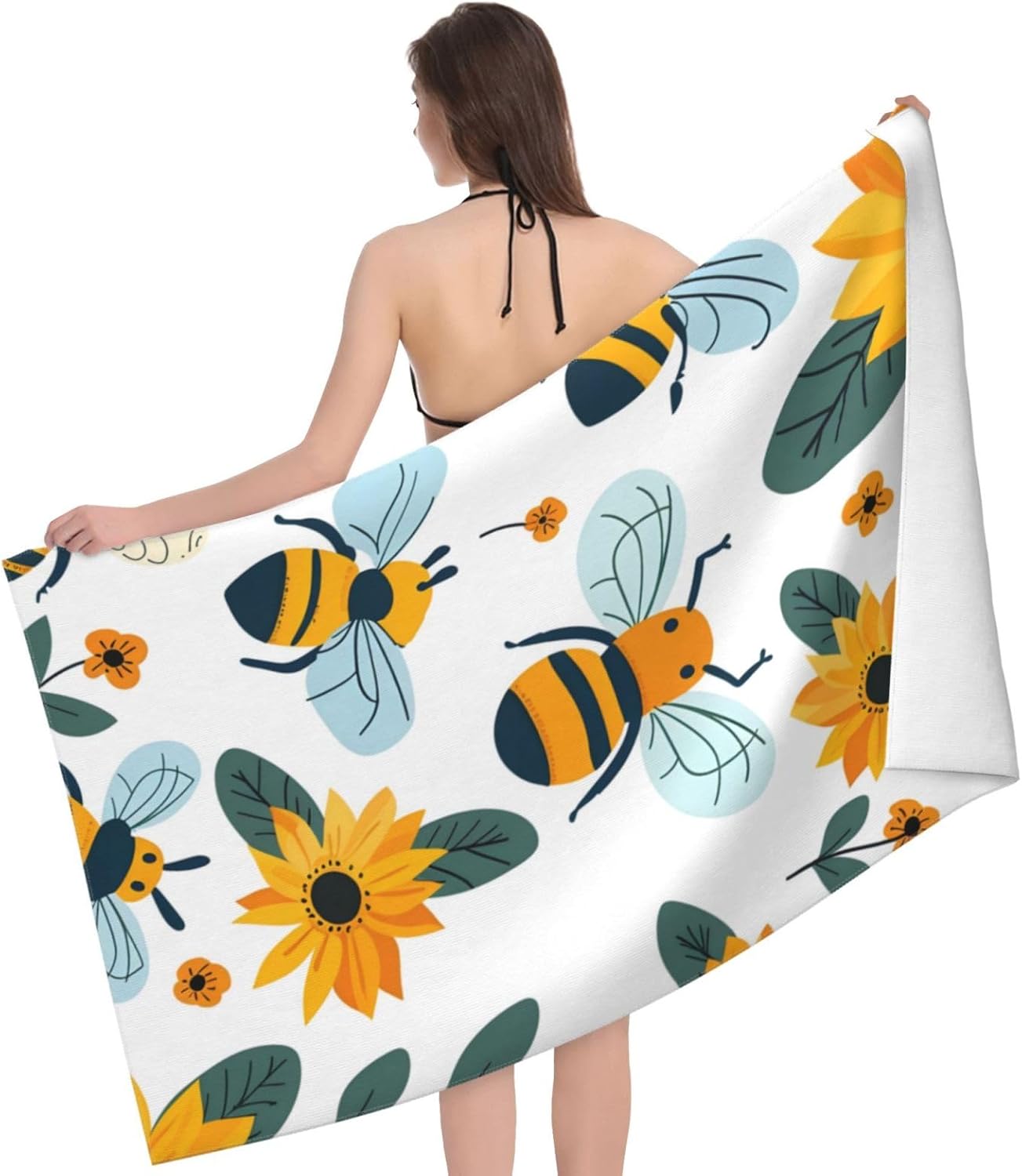 Bee and Sunflower Beach Towel 31x51in Ultra Soft Quick Dry Microfiber Pool Towel