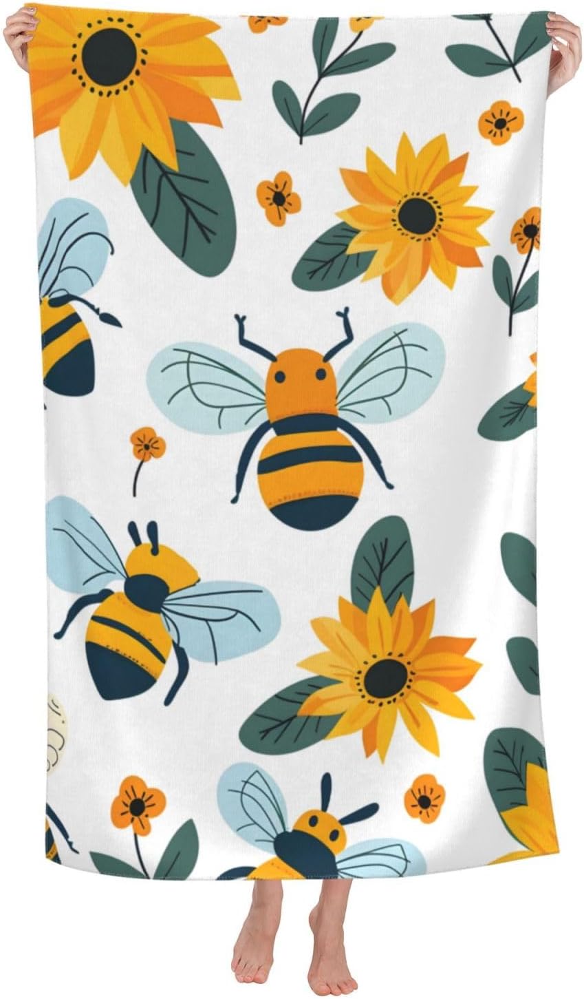 Bee and Sunflower Beach Towel 31x51in Ultra Soft Quick Dry Microfiber Pool Towel