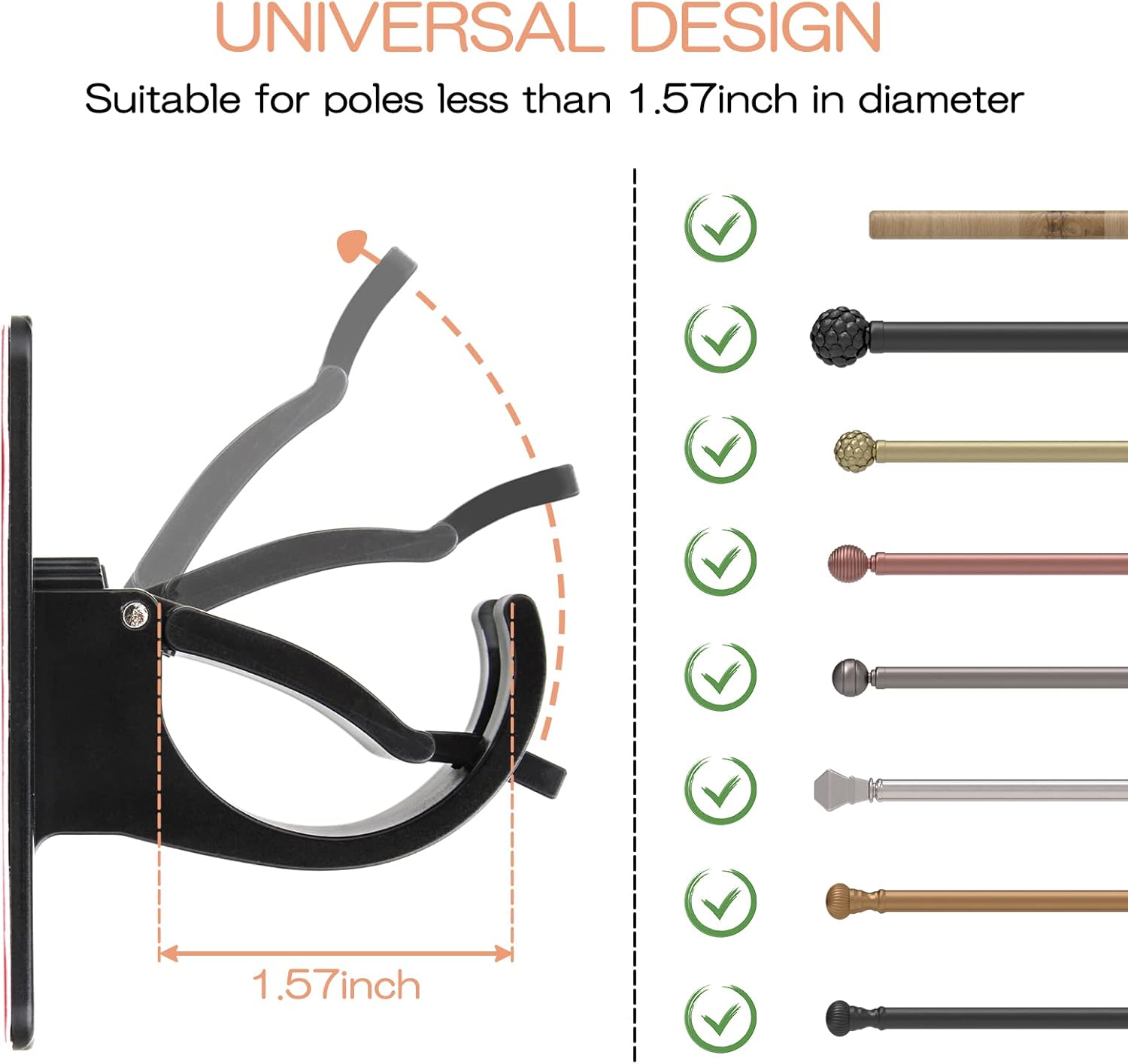 6 PCS Universal Curtain Rod Bracket Holder with 3M Adhesive Black