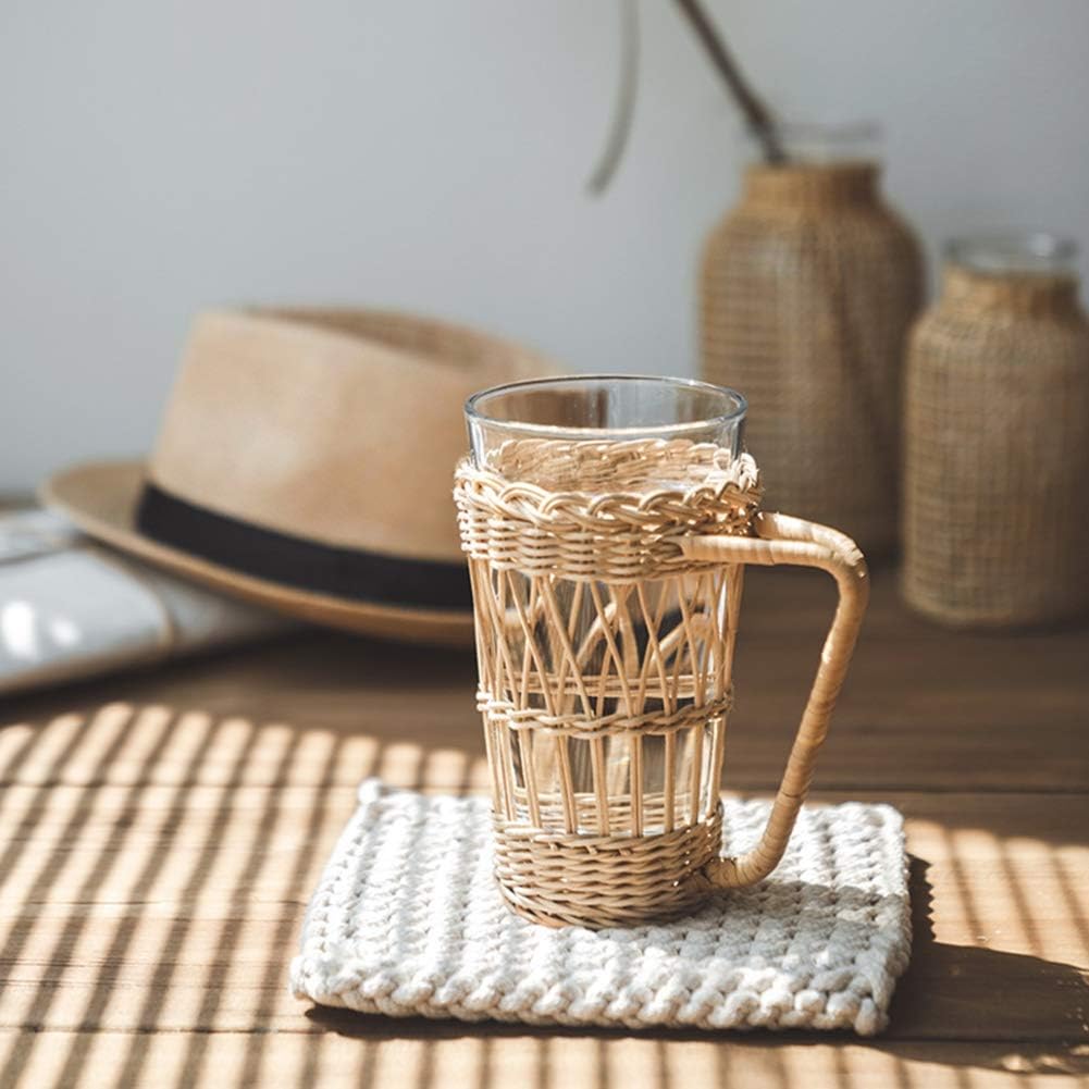 Ochine Wicker Cup Holder with Handle Heat Resistant Rattan Pencil Pen Holder