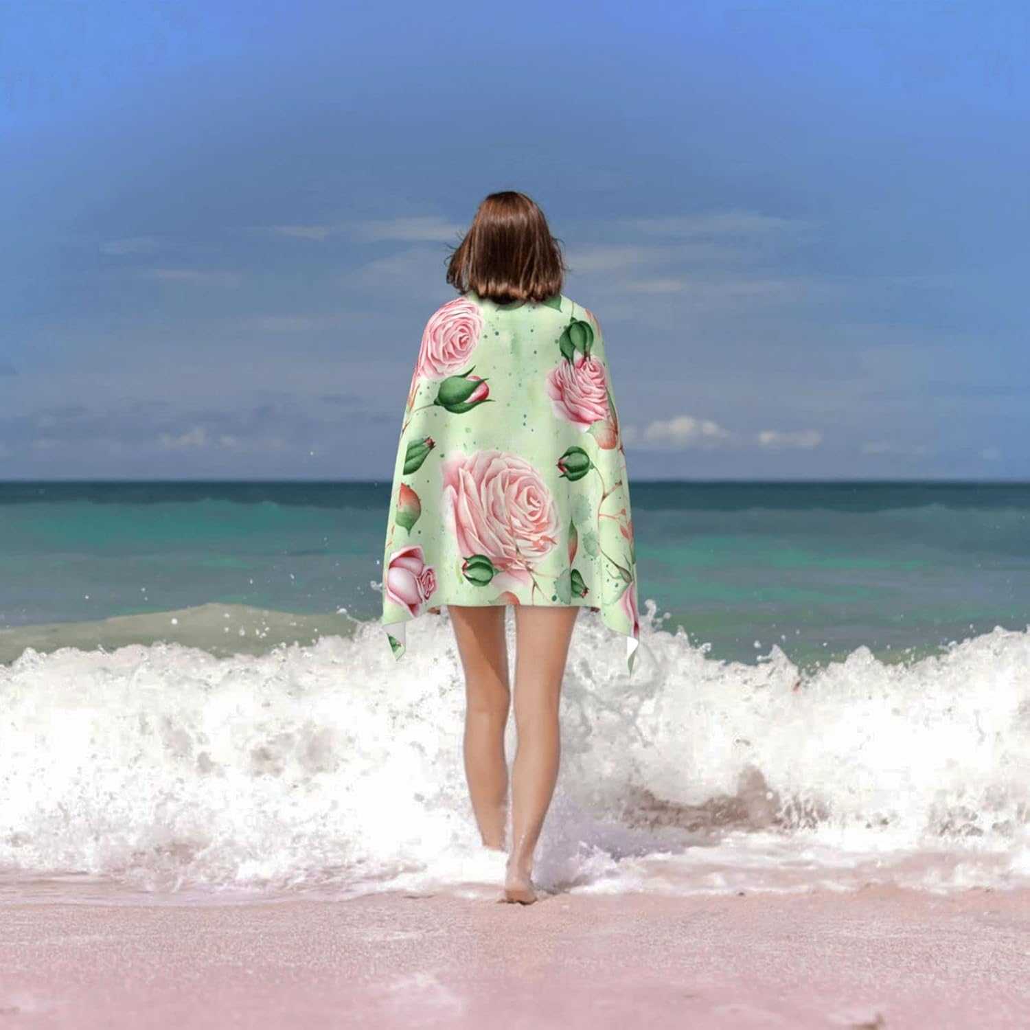 Pretty Pink and Green Floral Beach Towels for Kids Adults