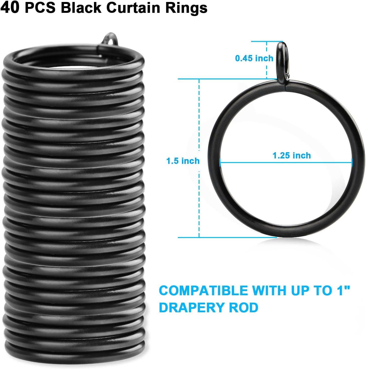 40 PCS Black Drapery Rings with Eyelet for 1 Curtain Rod
