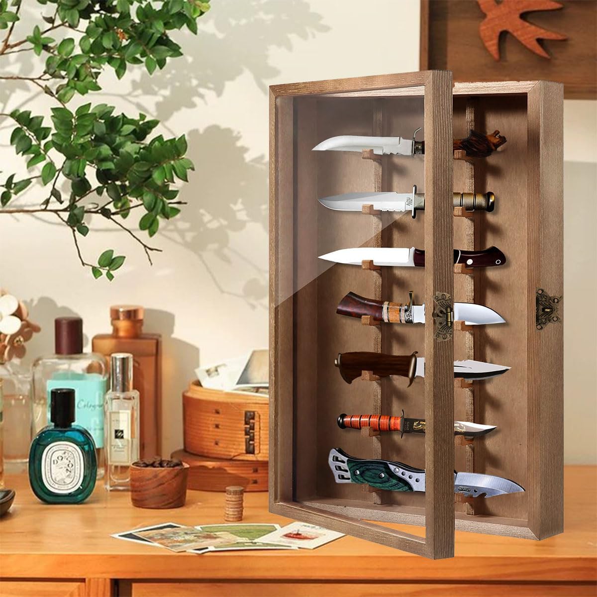 LITAITAI Wooden Knife Display Case with Hooks 1