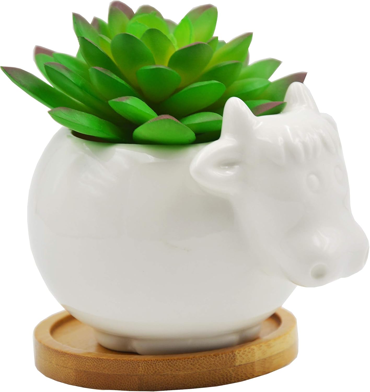 Cute Cartoon Ceramic Succulent Cactus Plant Pot with Drainage Hole - White Cow Design