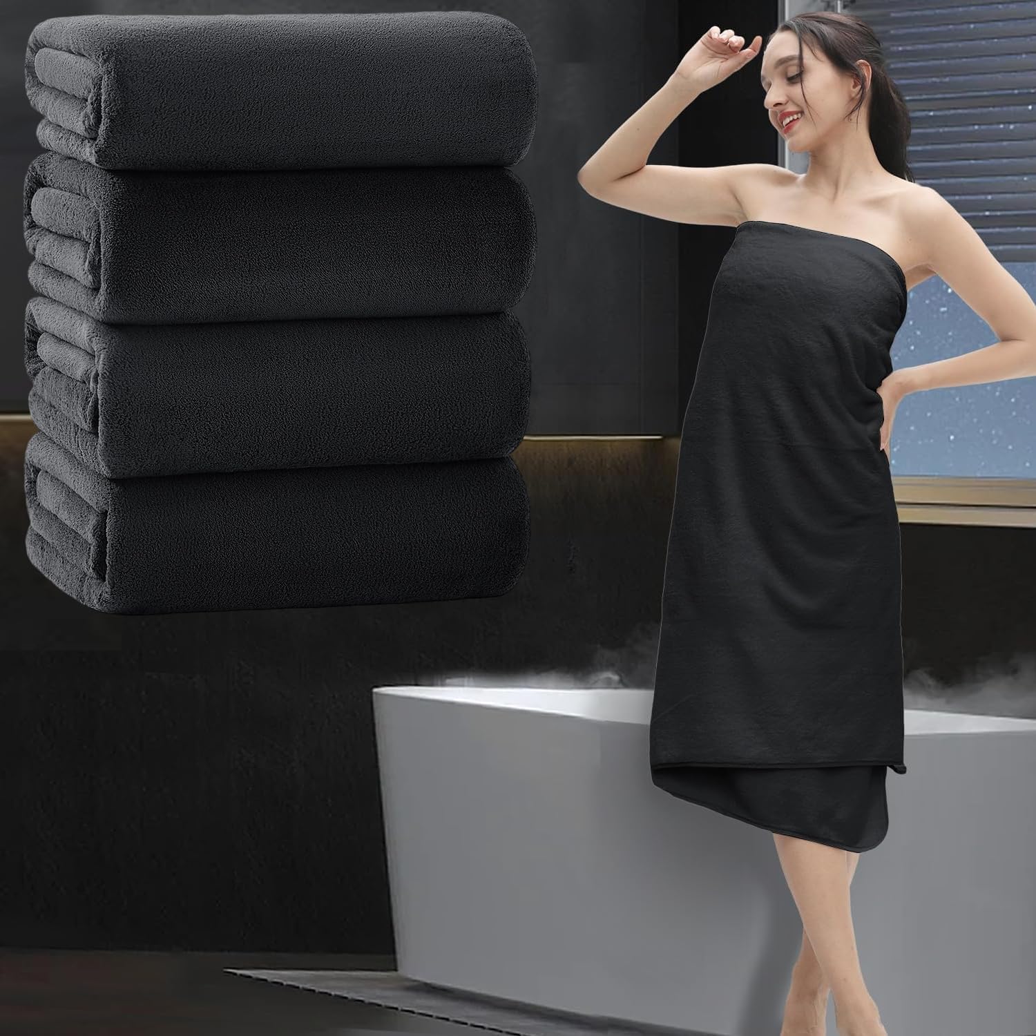 MAGGEA 4-Piece Extra Large Bath Sheet Set - 35x70 Ultra Soft Black Towels