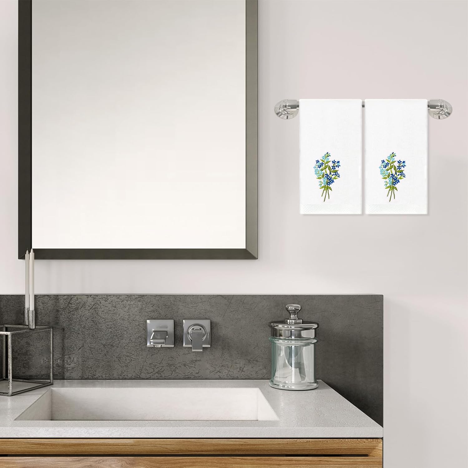 2Pcs Blue Floral Hand Towels with Forget-me-not Embroidery