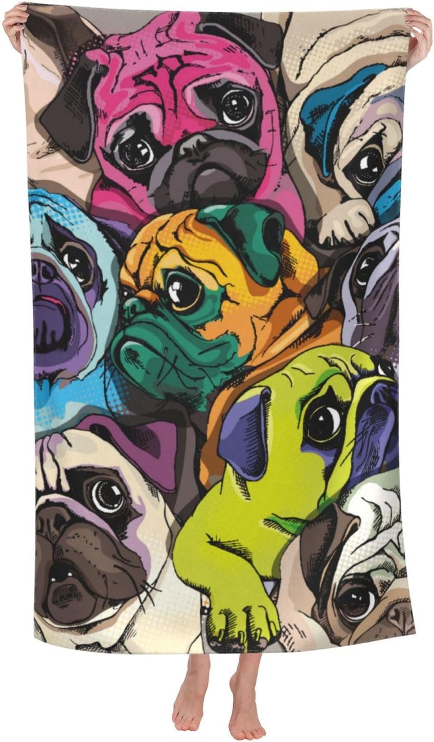 HKHEHOP Pug Fun Dog Face Beach Towel Quick Dry Microfiber