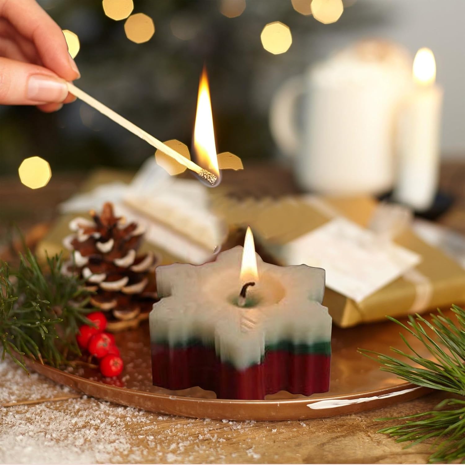 Winter-Themed Christmas Candles with Snowflake Design