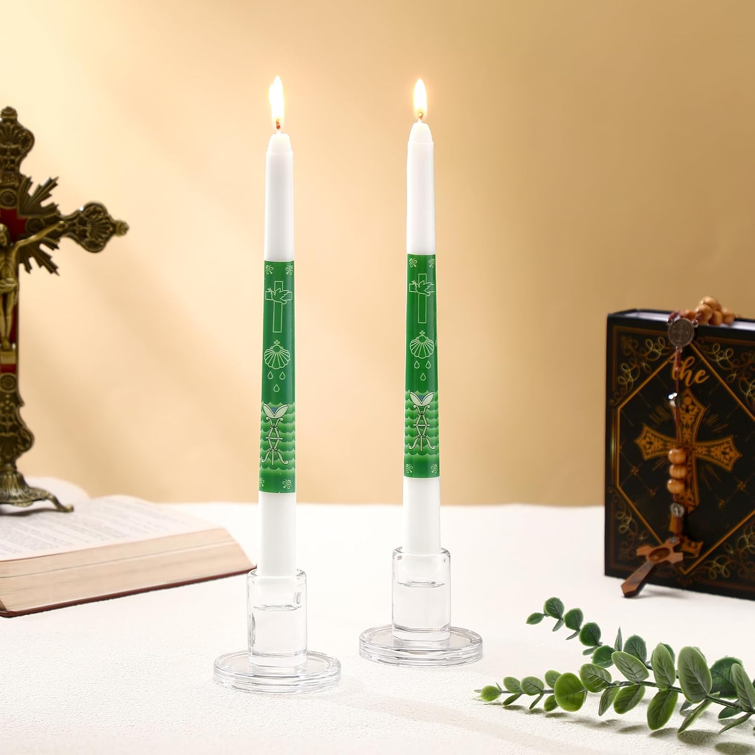 2 Set Baptism Taper Candles with Holder