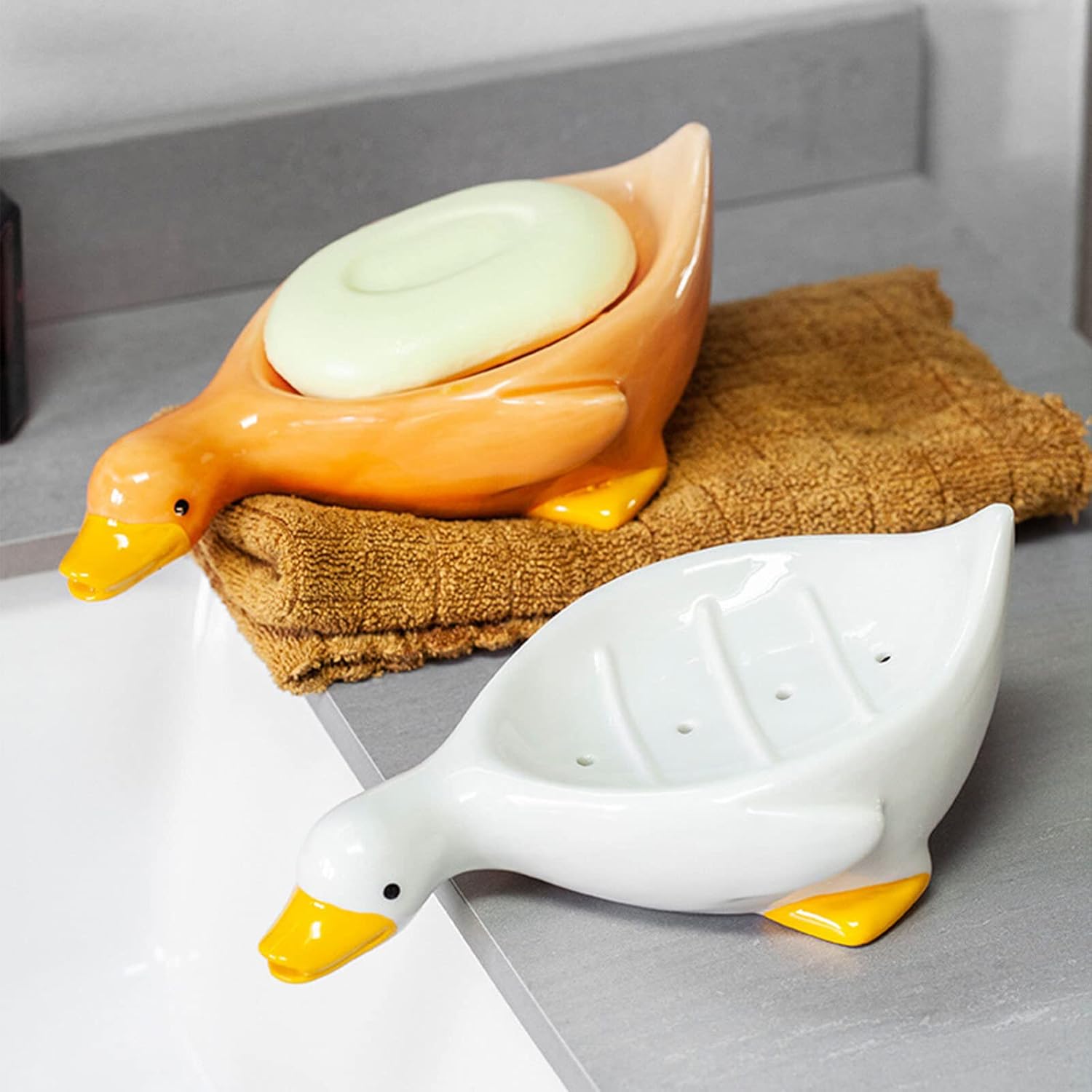 Ceramic Self Draining Soap Dish with Cute Duck Shape