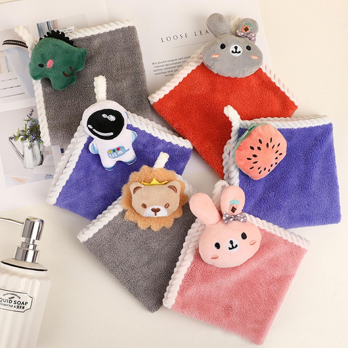 6 Pack Cute Cartoon Hand Towels with Hanging Loop