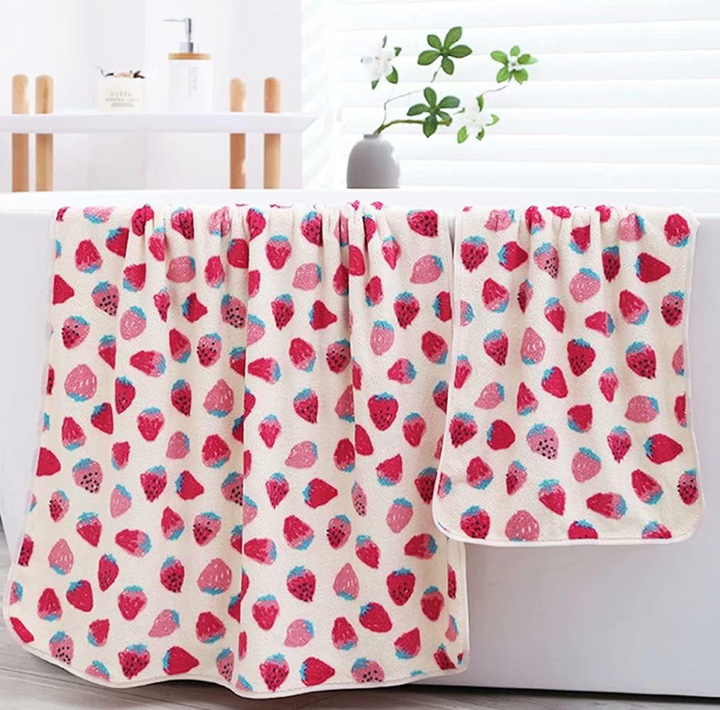 Cute Strawberry Print Bath Towels Set for Kids Adults