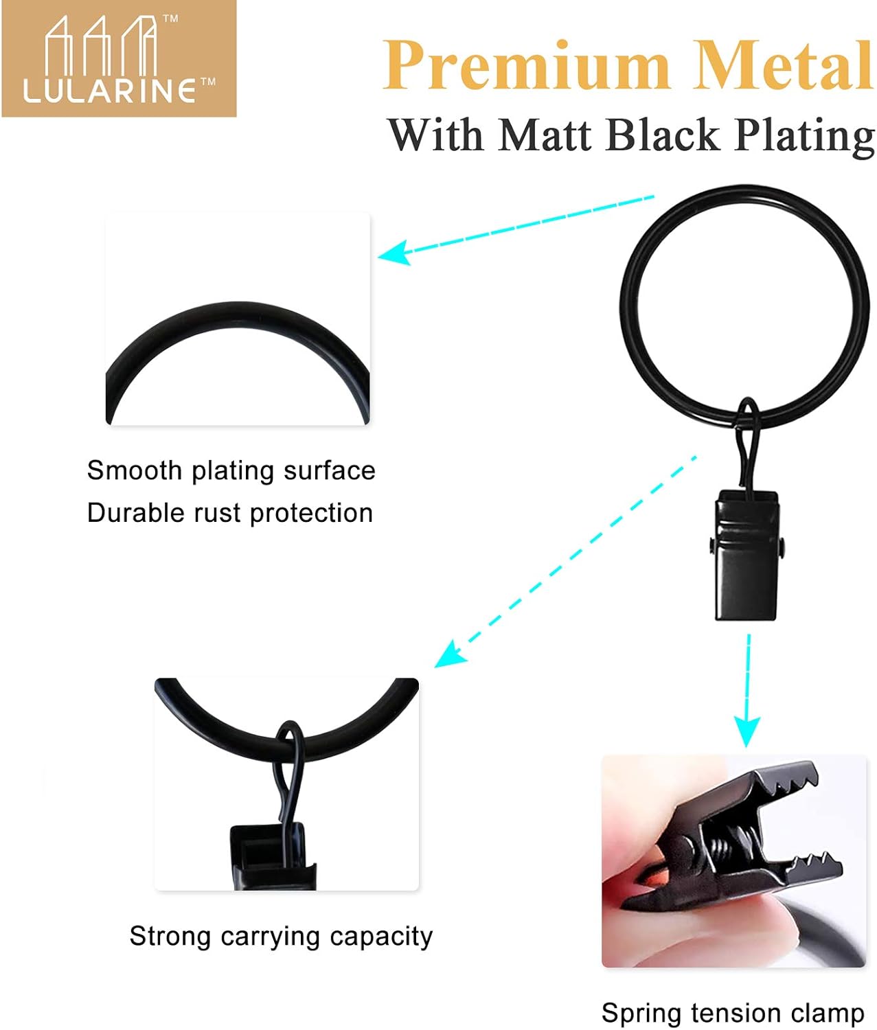 42 Pack Curtain Rings with Clips Black