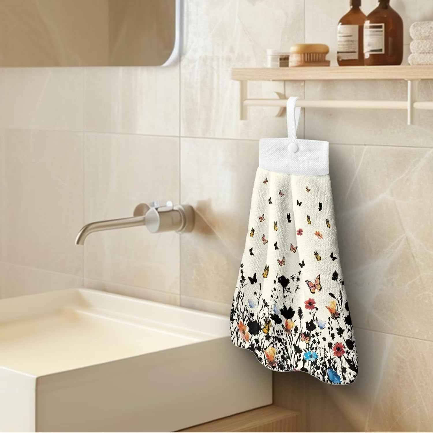 Hand Towels with Hanging Loops and Button Floral Design