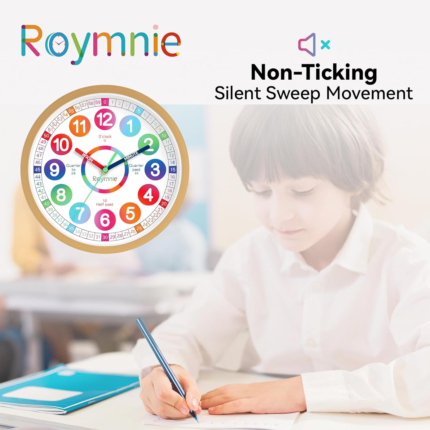 Roymnie Learning Clock for Kids 8 Inch Silent Non-Ticking