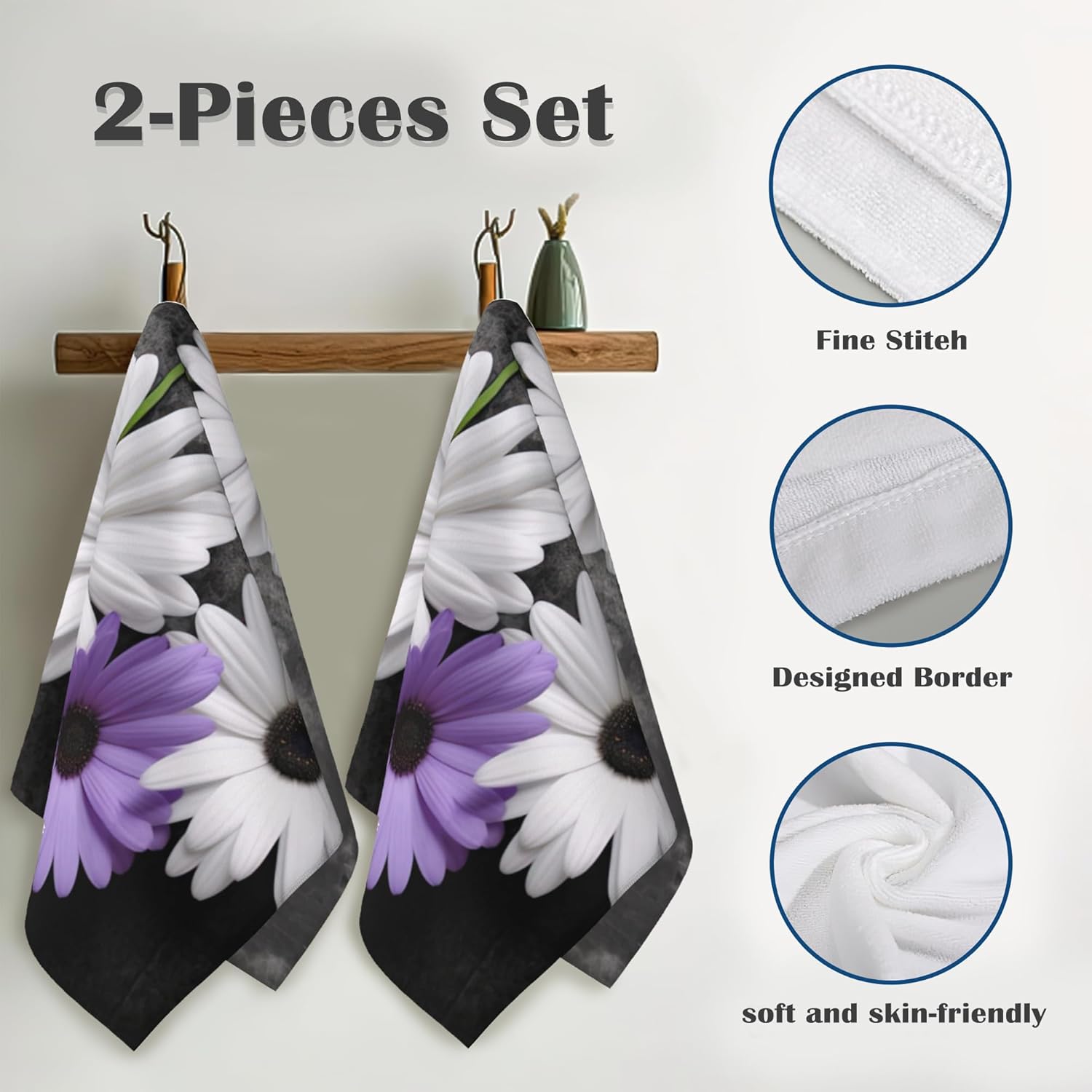 Purple Daisy Butterfly Hand Towels Set of 2 16x24 inch