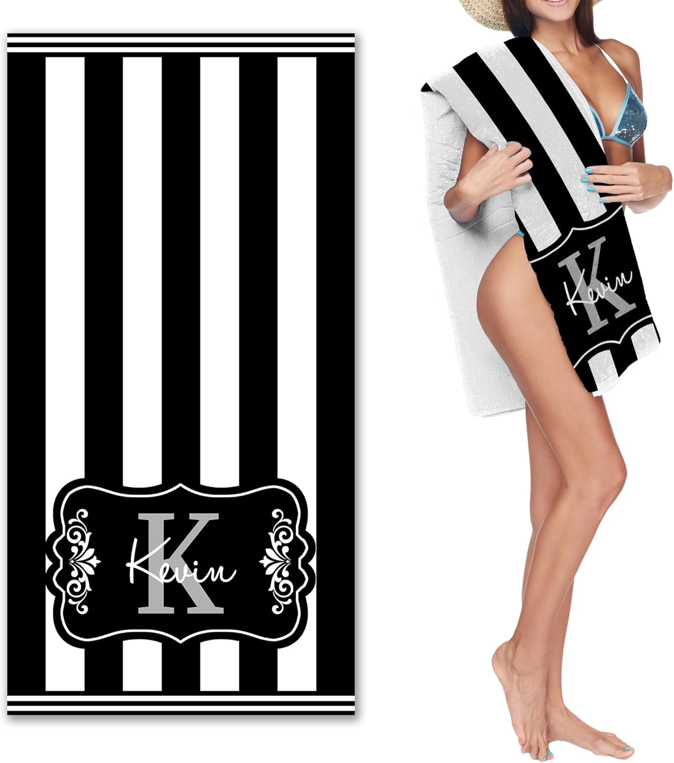 Custom Beach Towel with Name Striped Microfiber 31x71 Inch