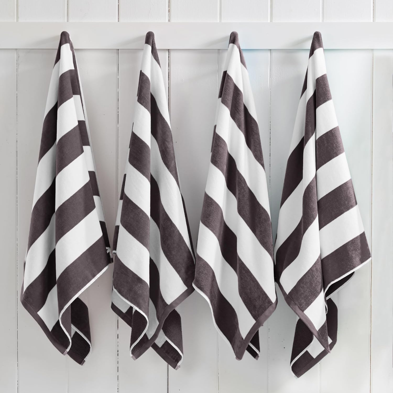 Great Bay Home 100 Cotton Velour Beach Towel - Grey Cabana Stripe 35x70