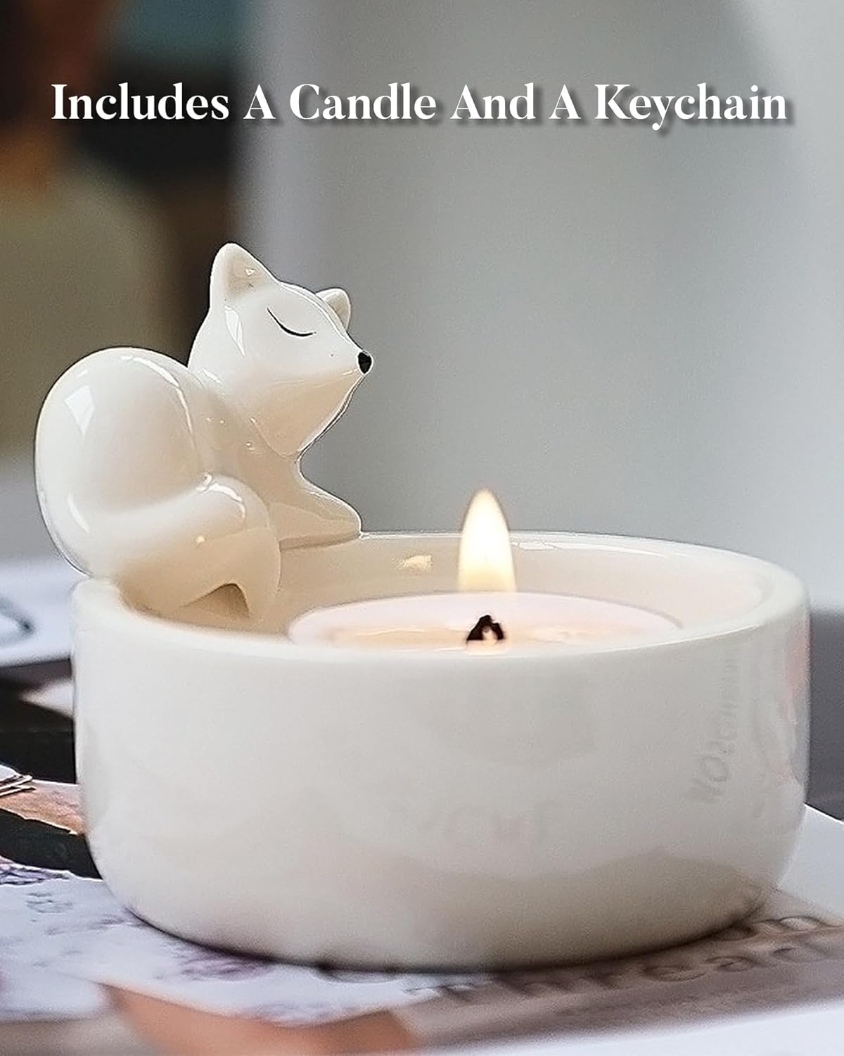 Fox Candle Holder Set with Scented Candle and Keychain