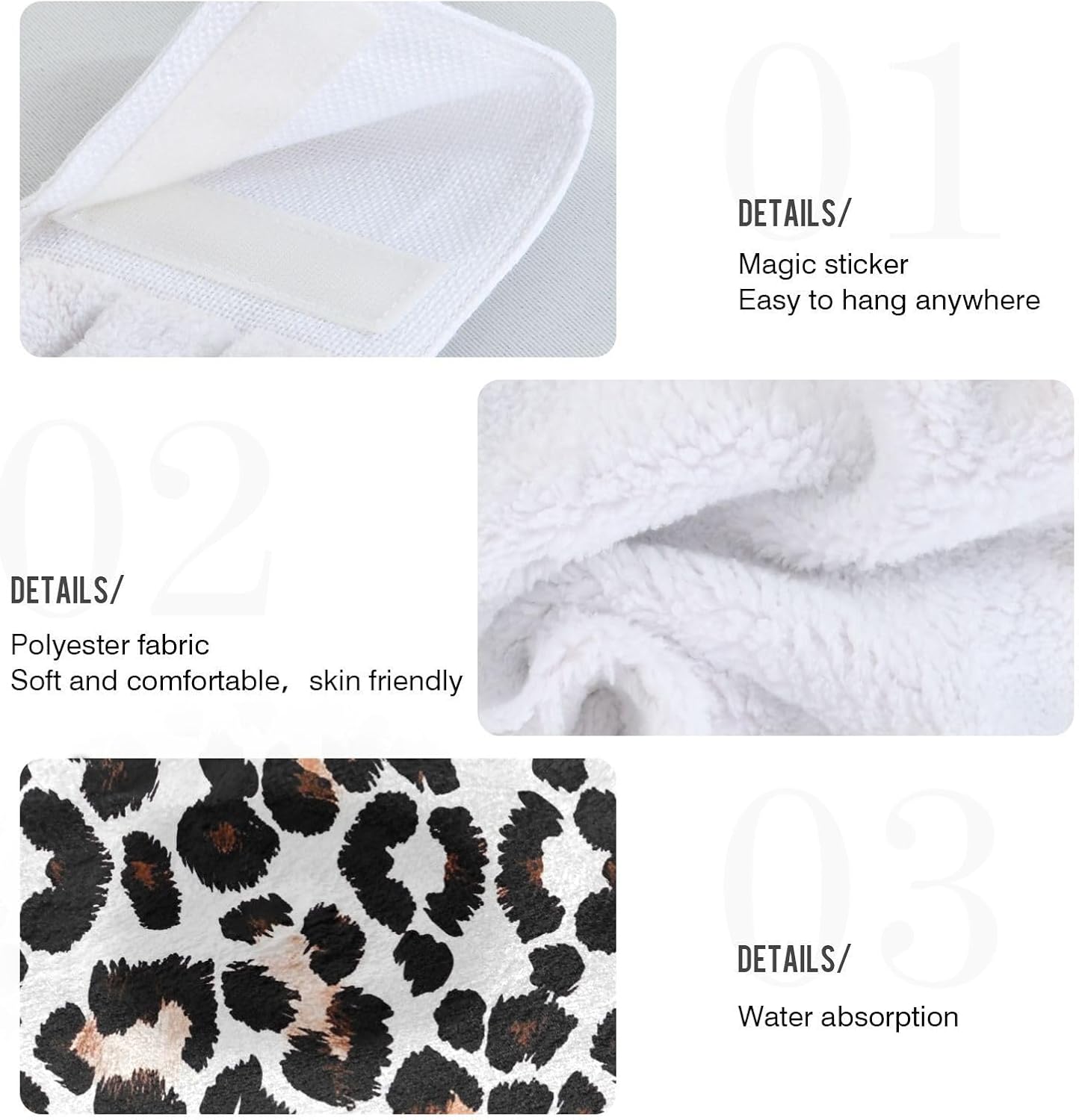 RPLIFE Bath Towels with Loops Set of 2 Black White Leopard Print