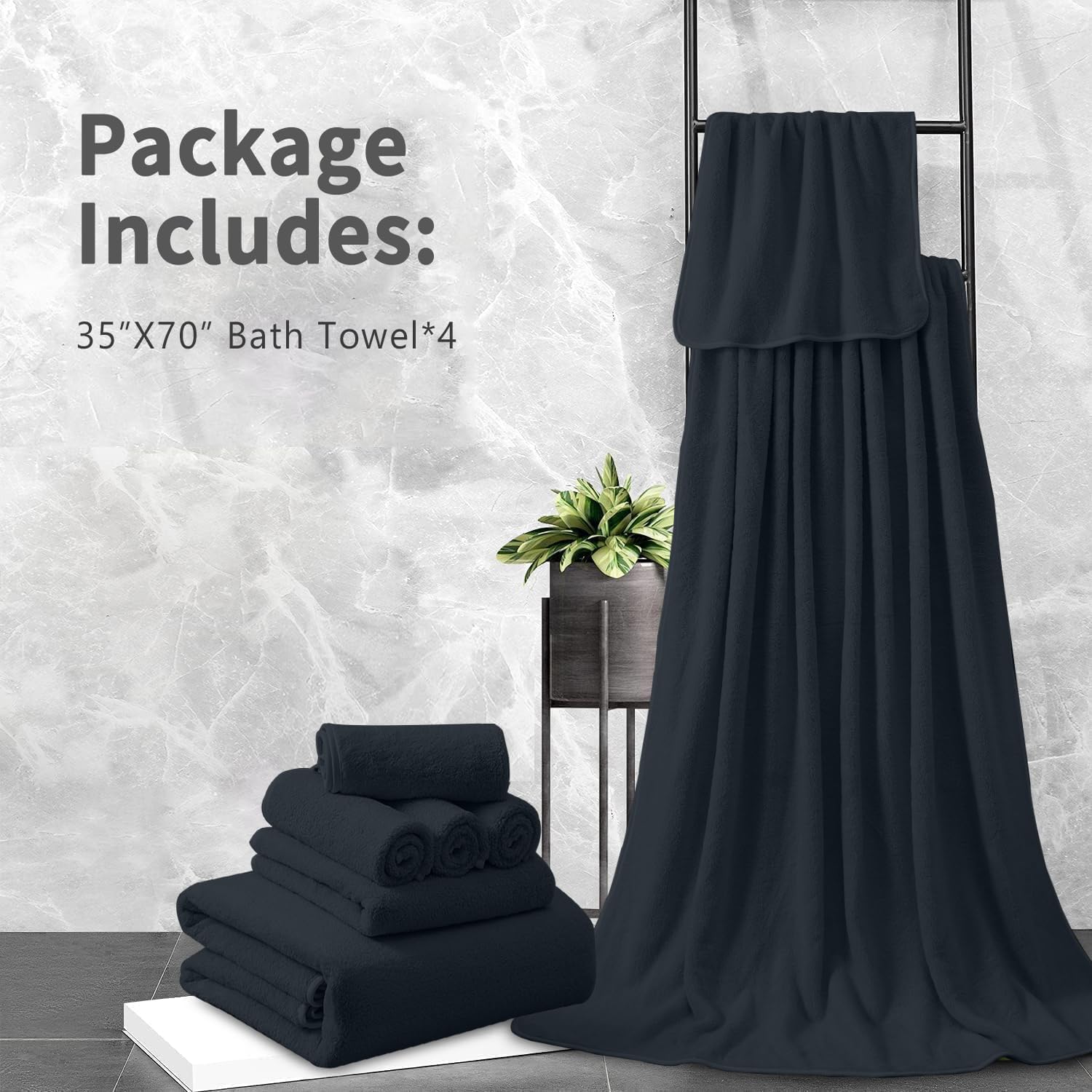 MAGGEA 4-Piece Extra Large Bath Sheet Set - 35x70 Ultra Soft Black Towels