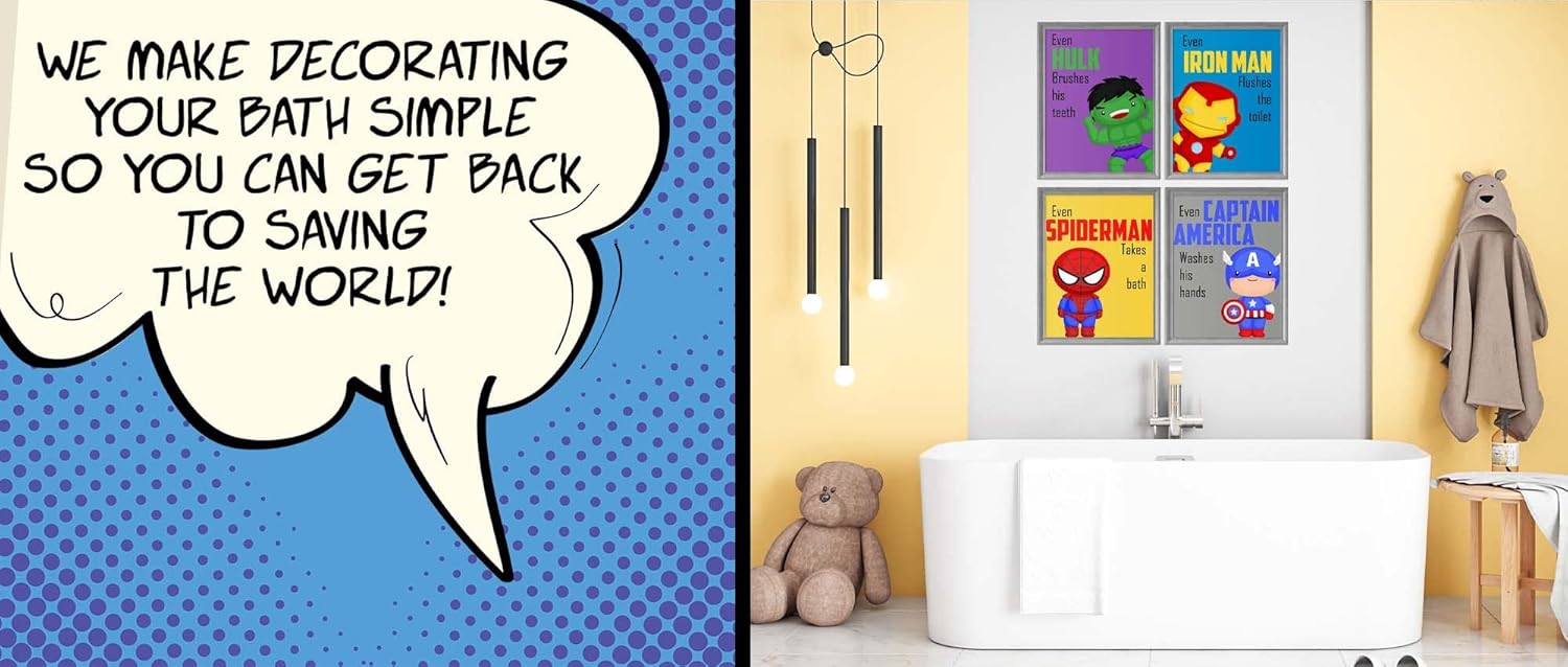 Silly Goose Gifts Superhero Bathroom Wall Art Set of 4