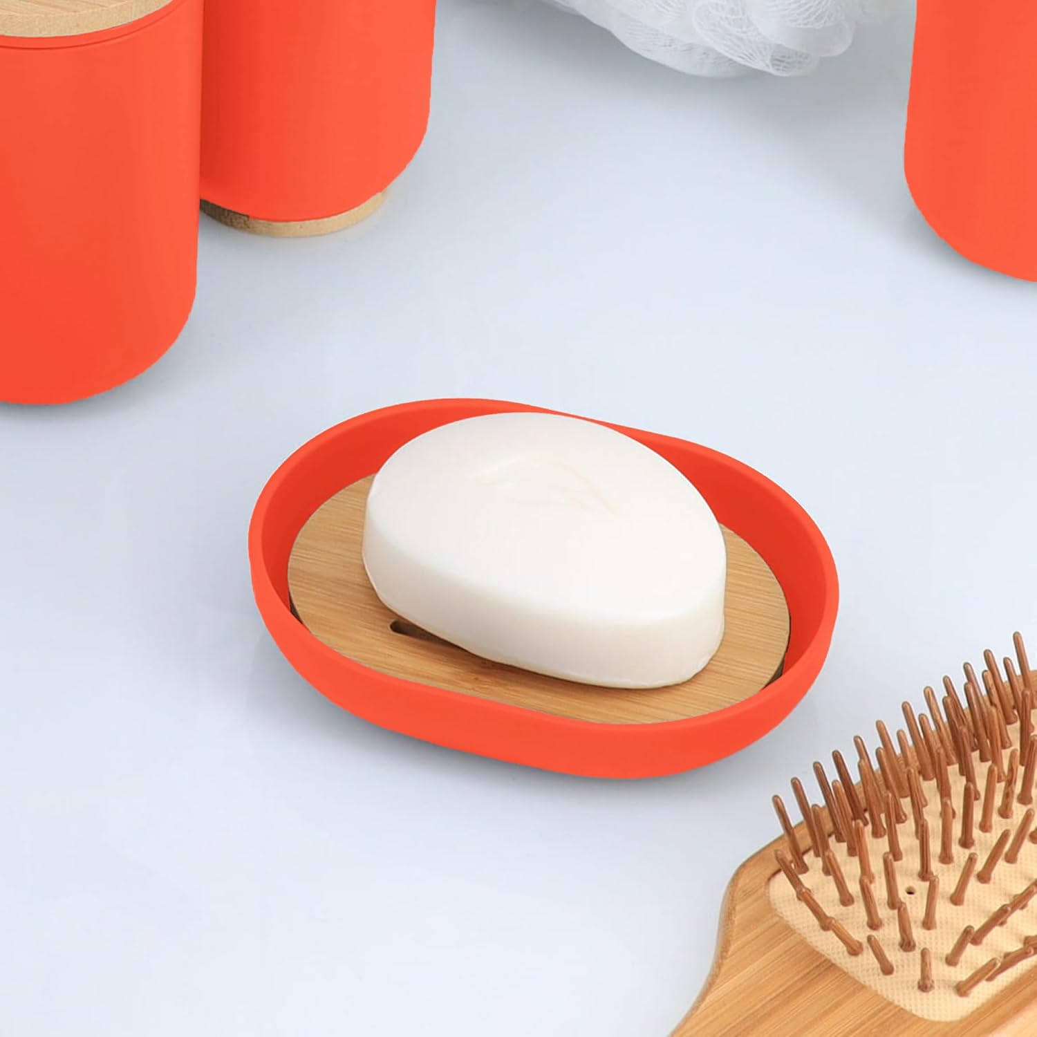 Premium Orange Soap Dish with Bamboo Tray 1