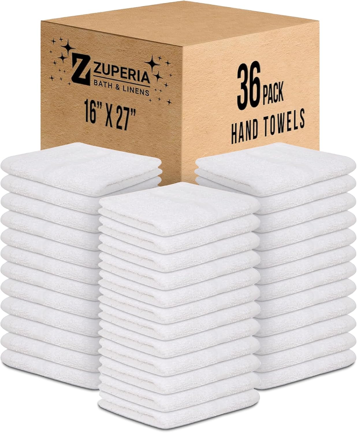 ZUPERIA White Hand Towels - 100 Cotton Pack of 36