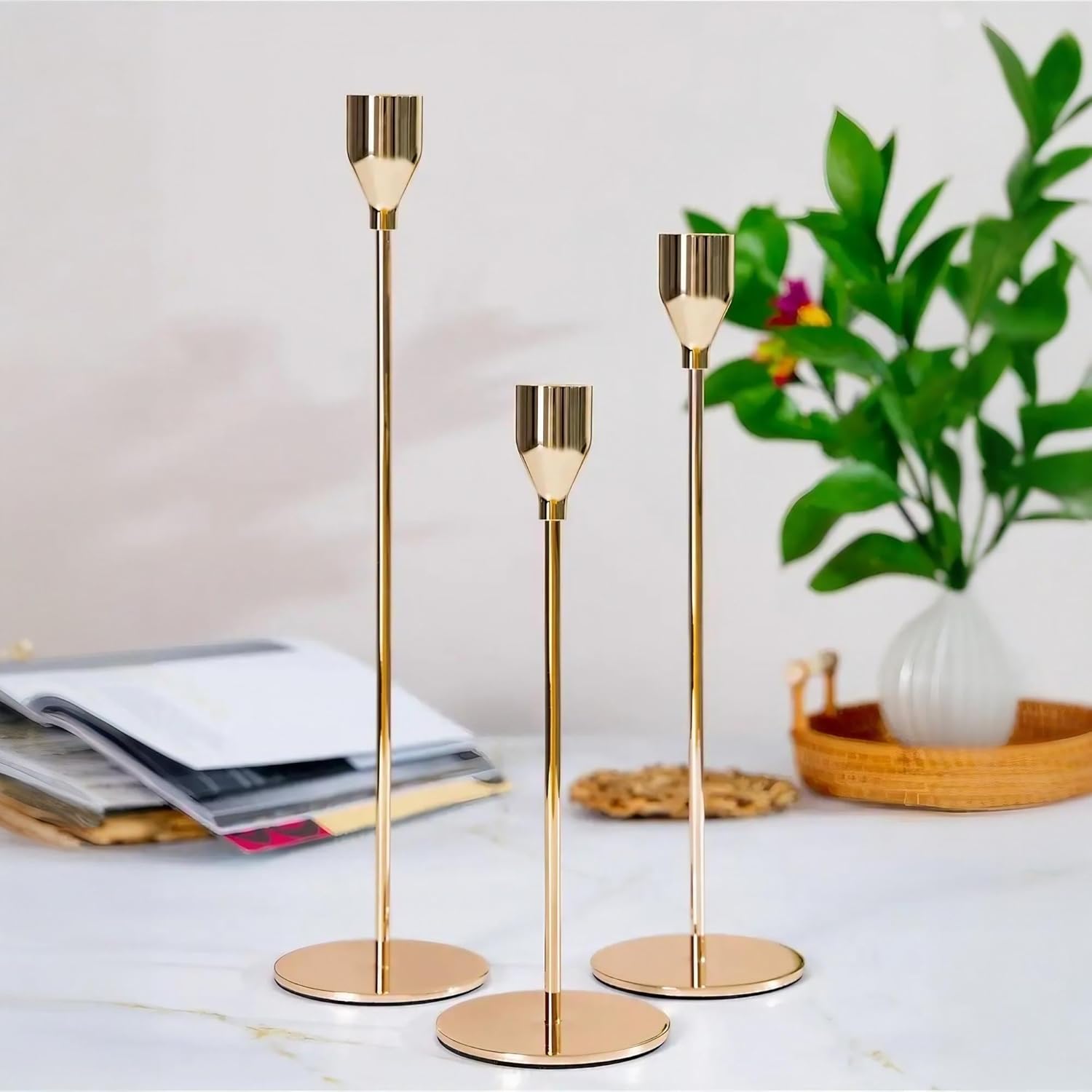 Gold Candle Holder Set of 3 for Home Decor
