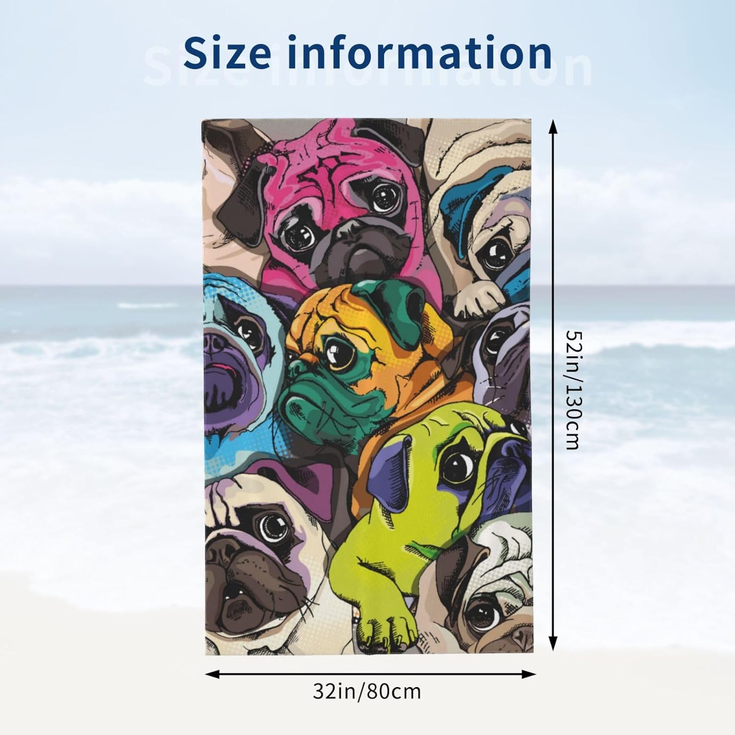 HKHEHOP Pug Fun Dog Face Beach Towel Quick Dry Microfiber