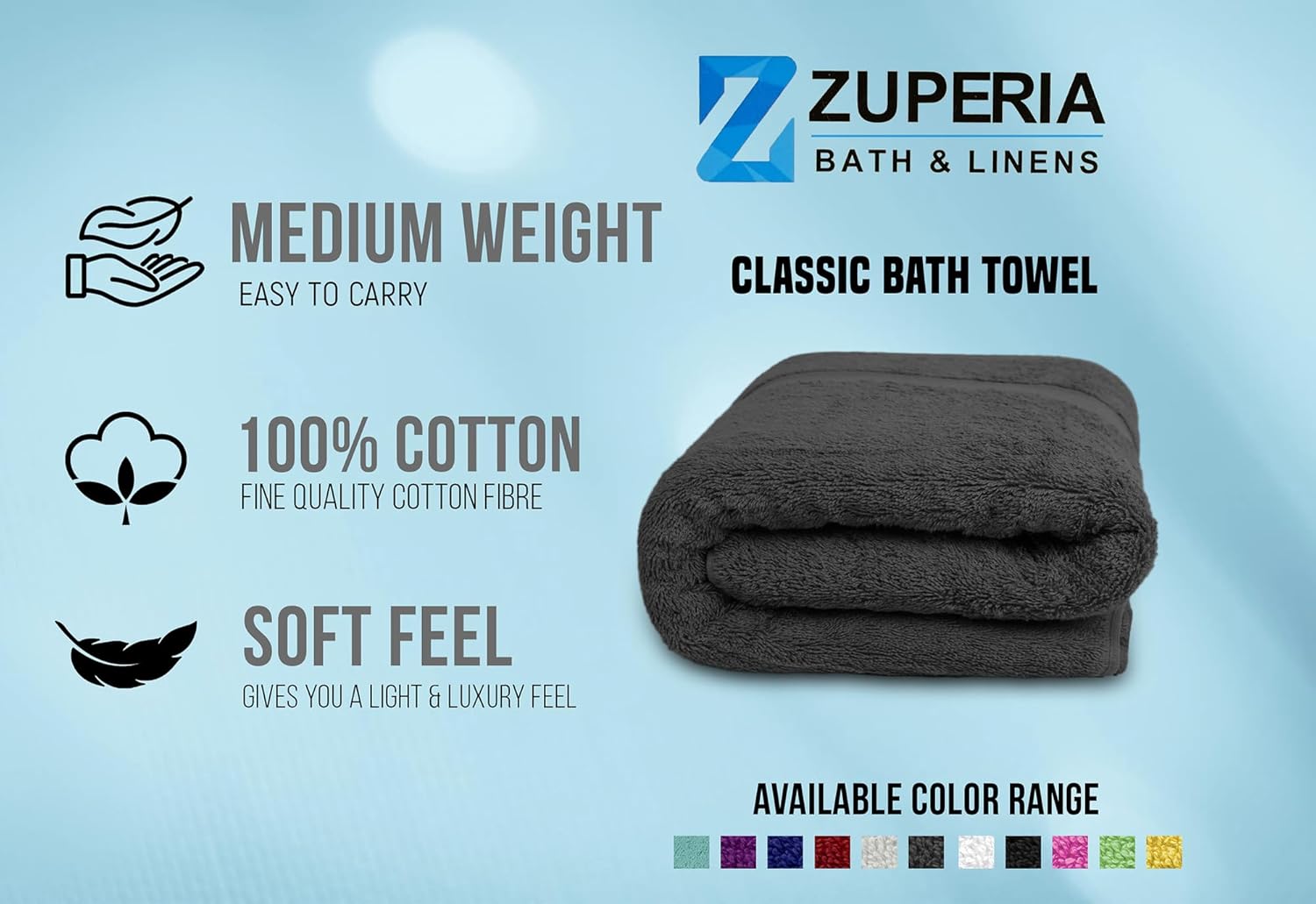 ZUPERIA Premium Bath Towels Pack of 4 - 30x60 Inches Grey