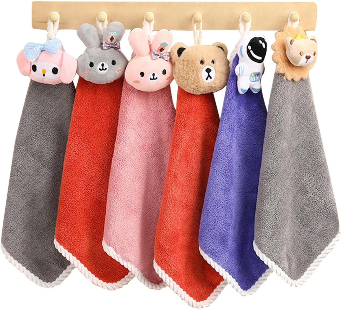 6 Pack Cute Cartoon Hand Towels with Hanging Loop
