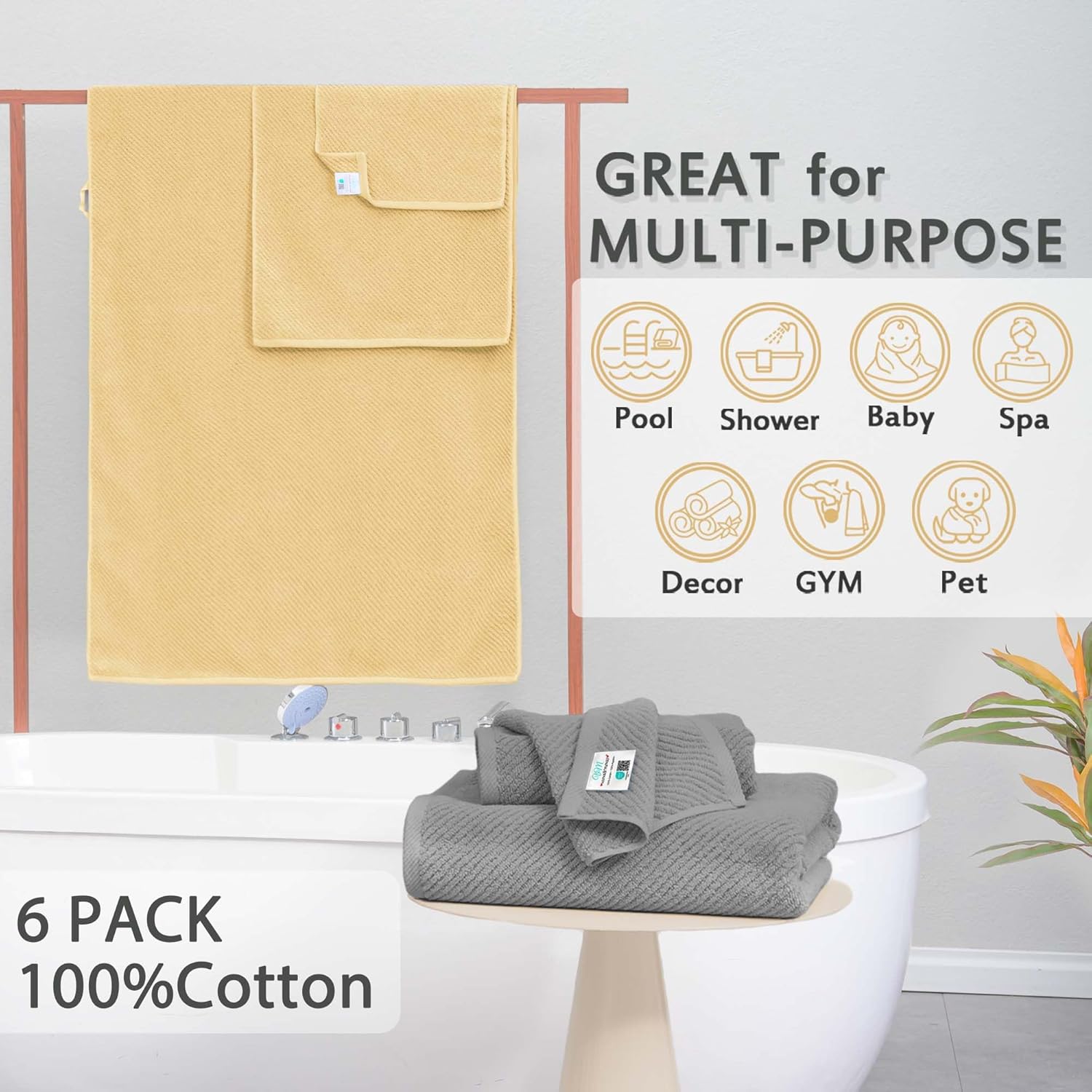 VOOVA MOVAS 6-Piece Cotton Towel Set with Hanging Loop