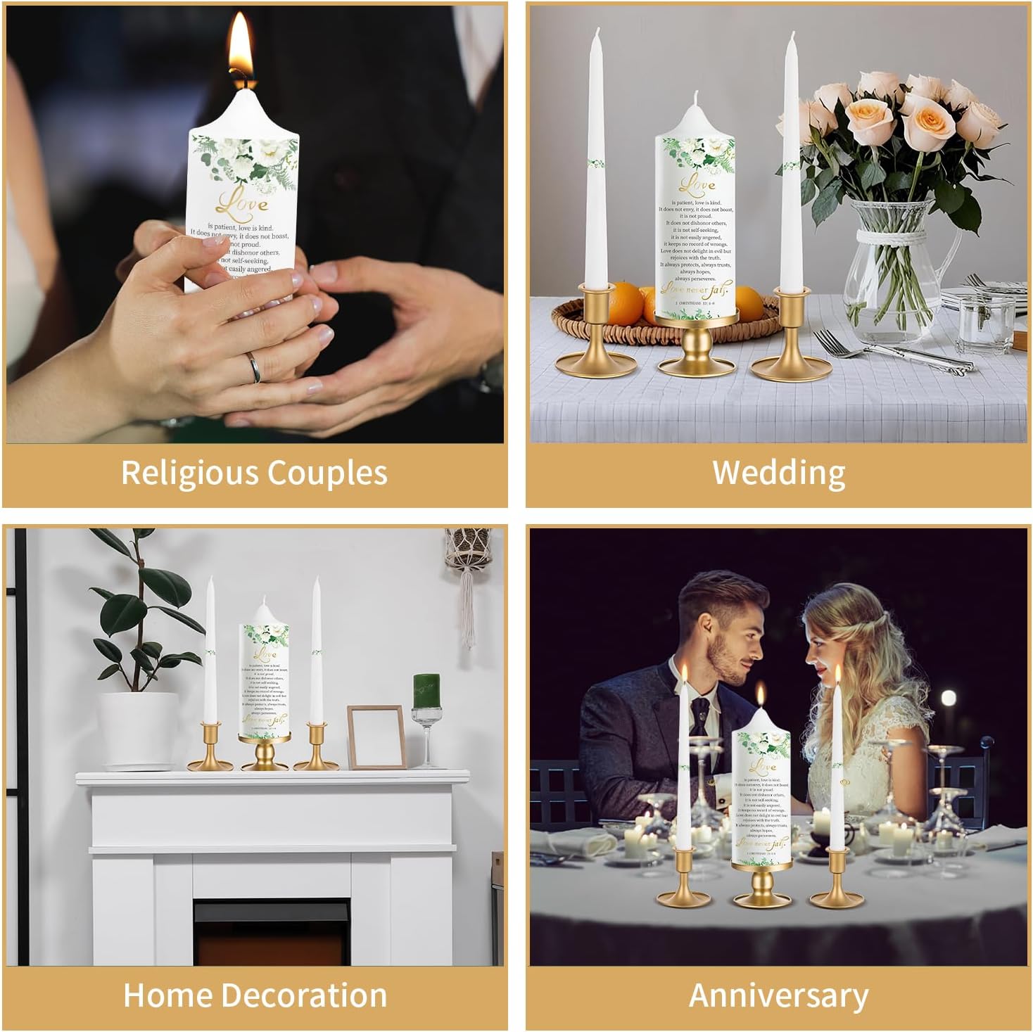 Extrogif Unity Wedding Candle Set - 3 Floral Candles with Gold Holders