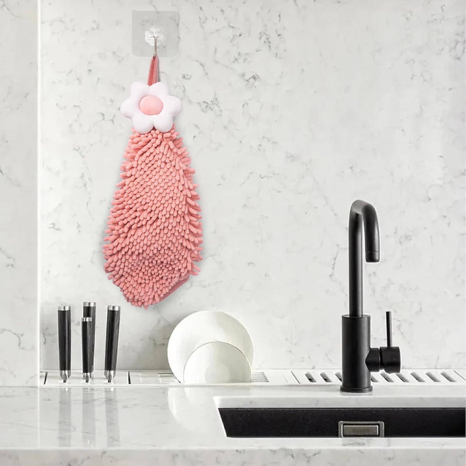 Dormercy Cute Chenille Hand Towels with 4 Hooks