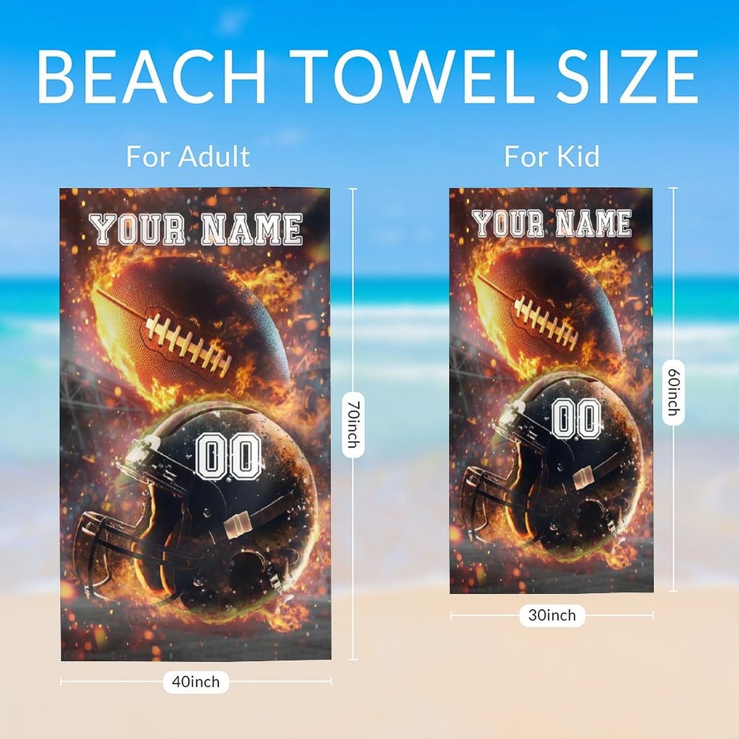 Custom Football Beach Towel for Adults - 40 x 70 Quick Dry Microfiber