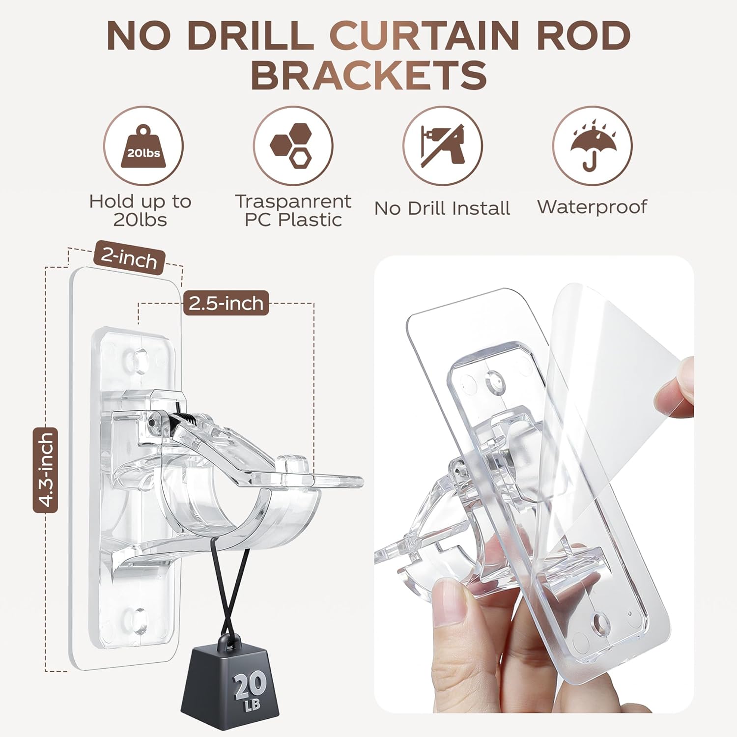 MUAKIOY Clear Curtain Rod Holders 20 Pack No Drilling