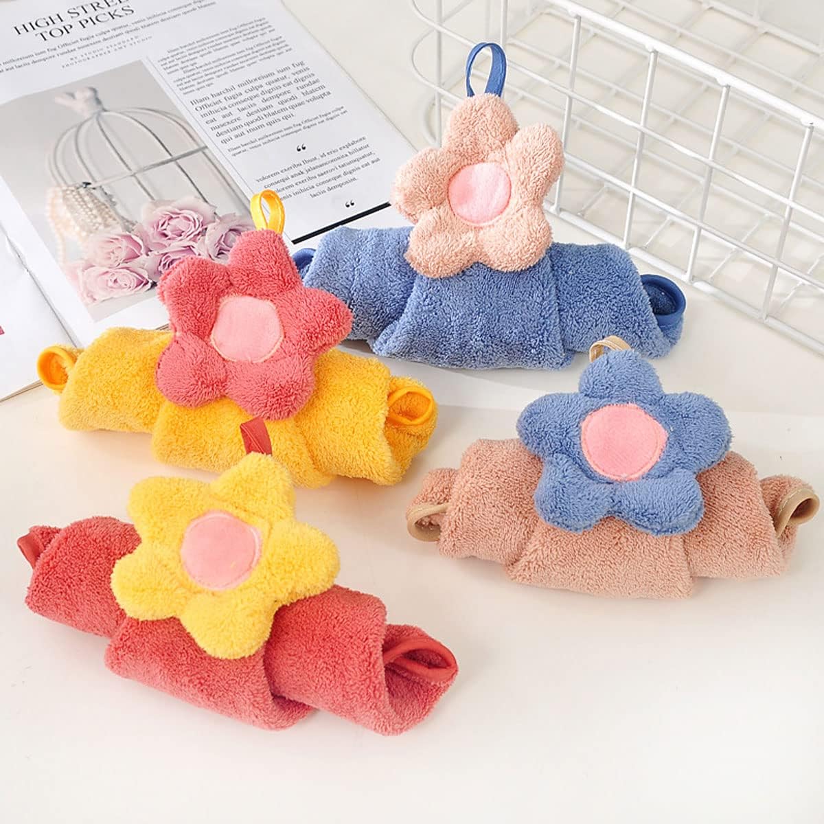 4Pcs Cute Flower Hand Towels with Hanging Loops