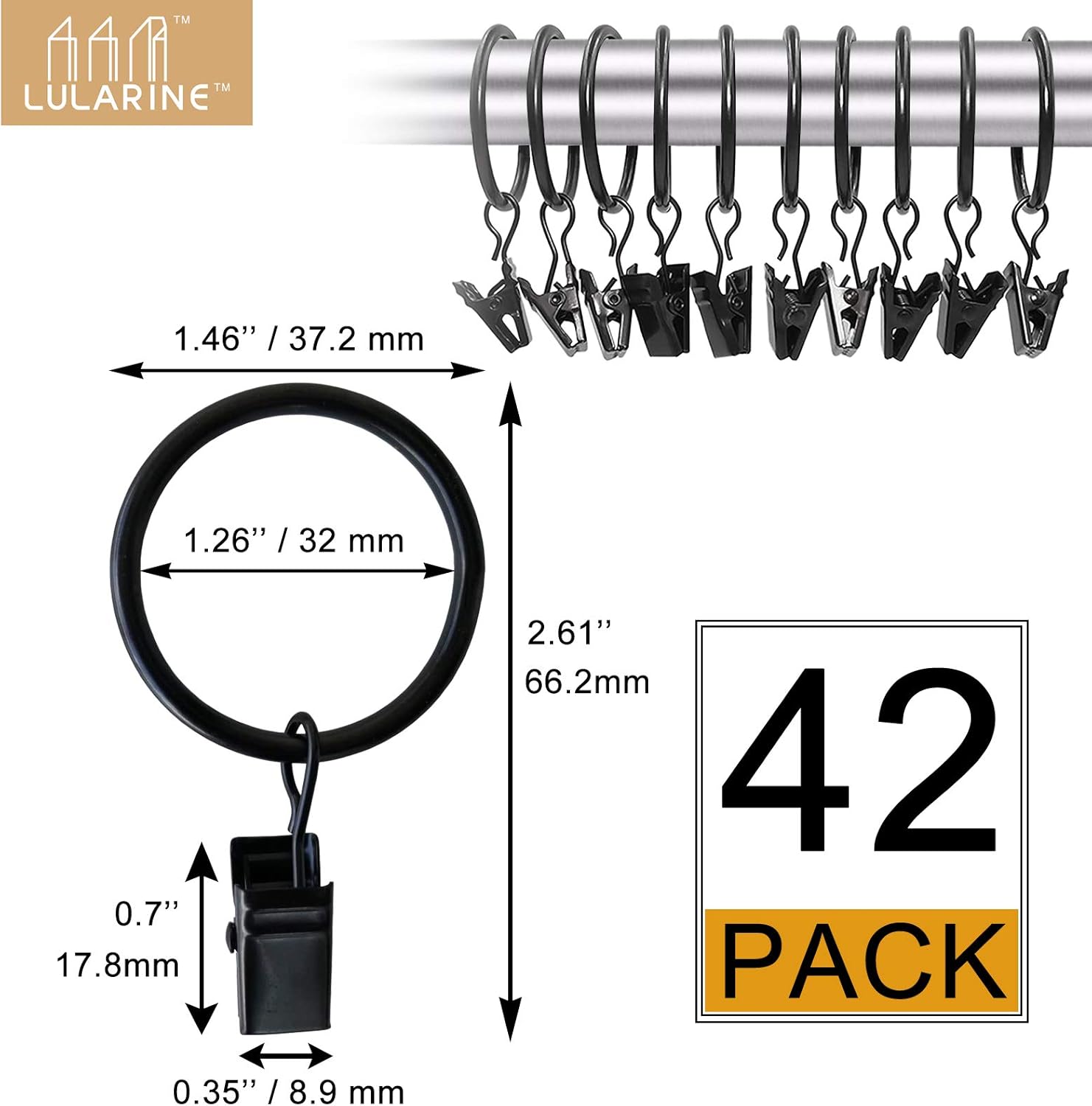 42 Pack Curtain Rings with Clips Black